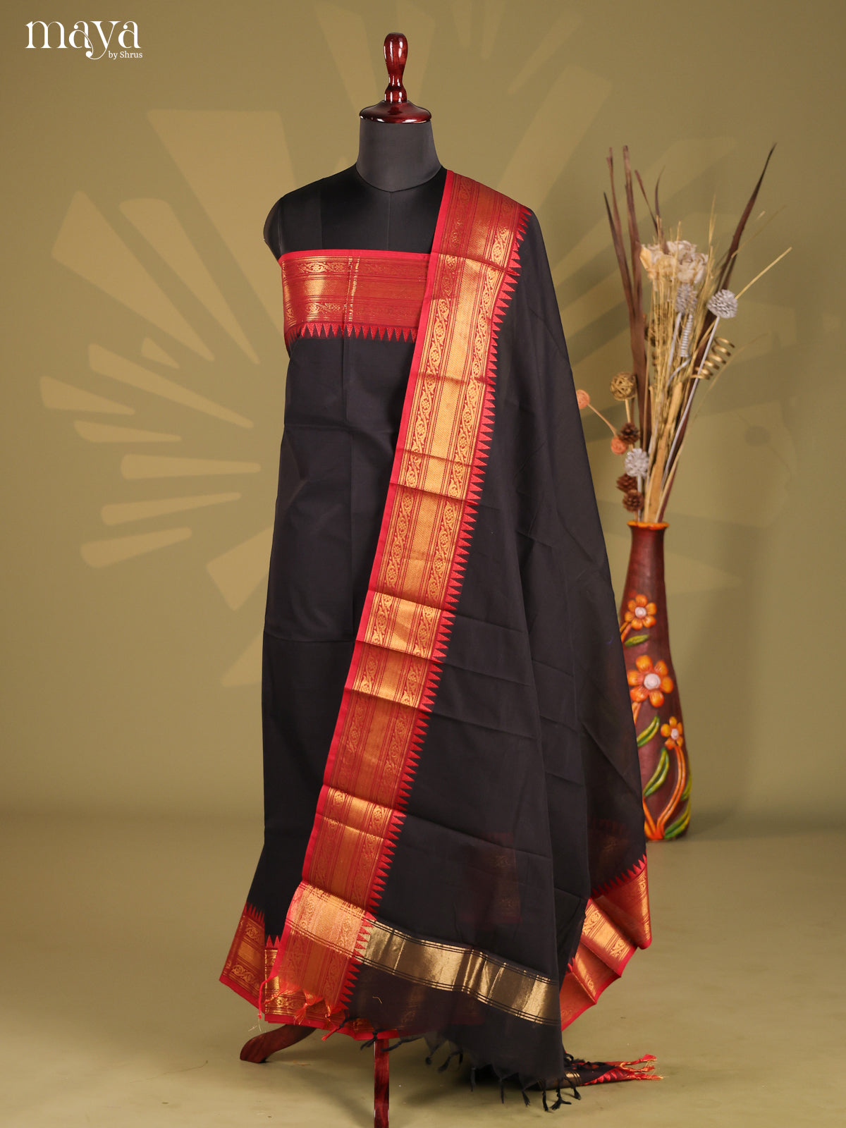 Black & Red- chettinad top & dupatta combo