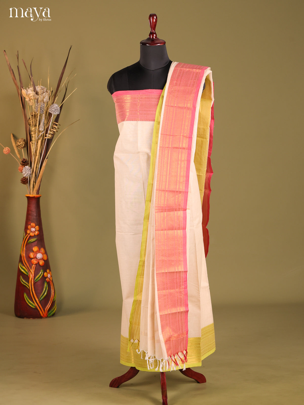 Cream & Pink - chettinad top & dupatta combo