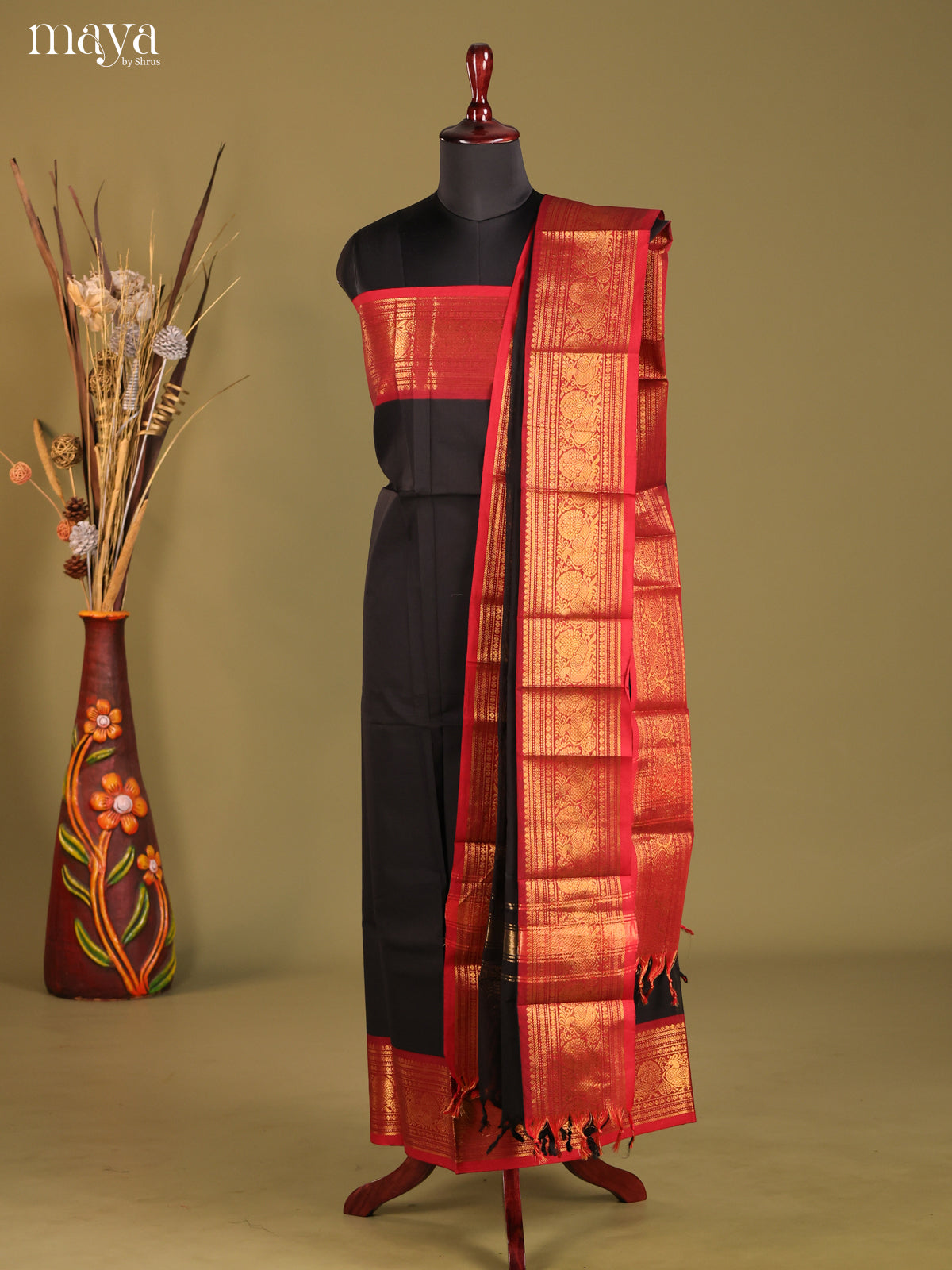 Black & Red - chettinad top & dupatta combo