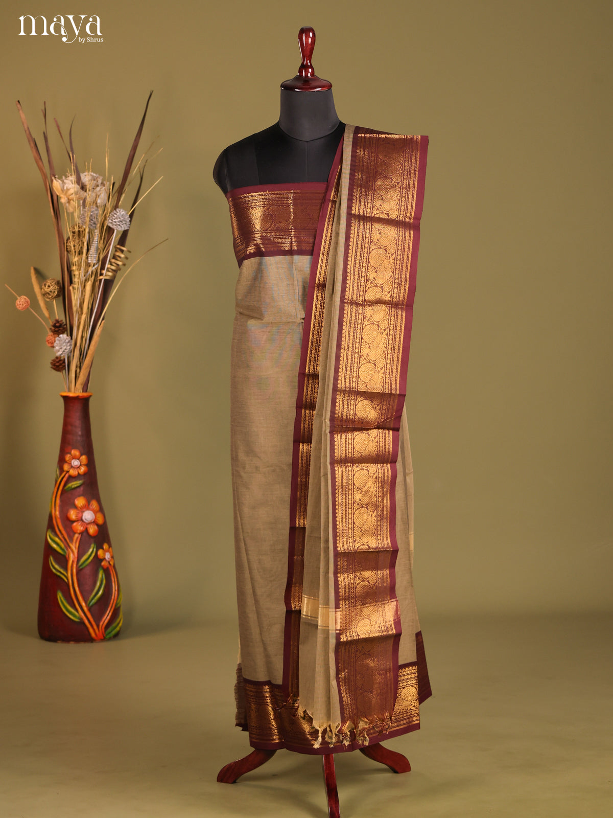 Grey & Maroon - chettinad top & dupatta combo