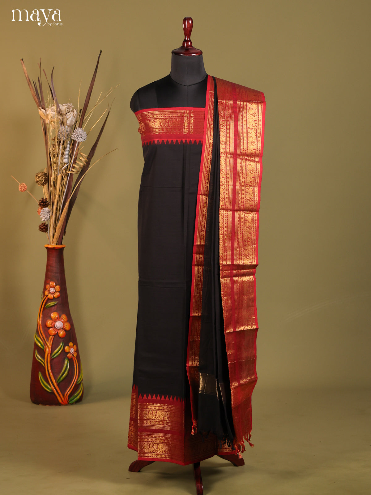 Black & Red - chettinad top & dupatta combo