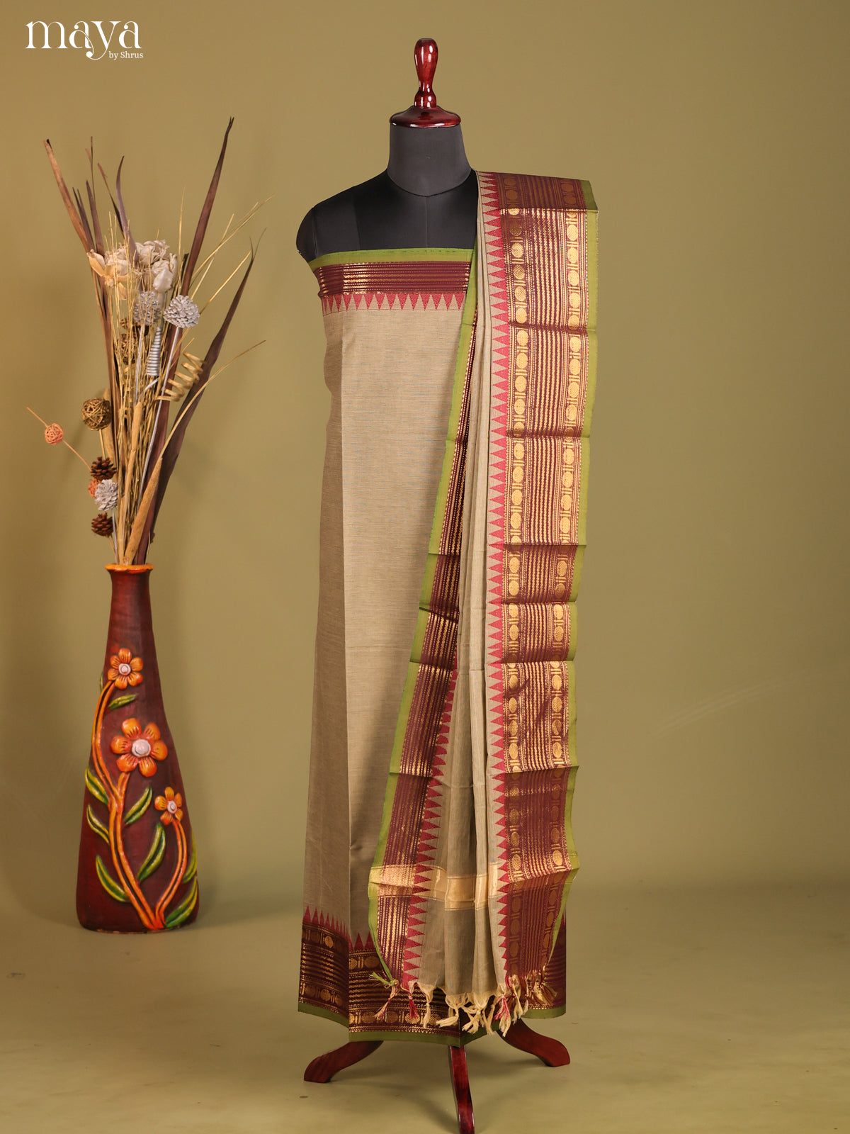 Grey & Maroon - chettinad top & dupatta combo