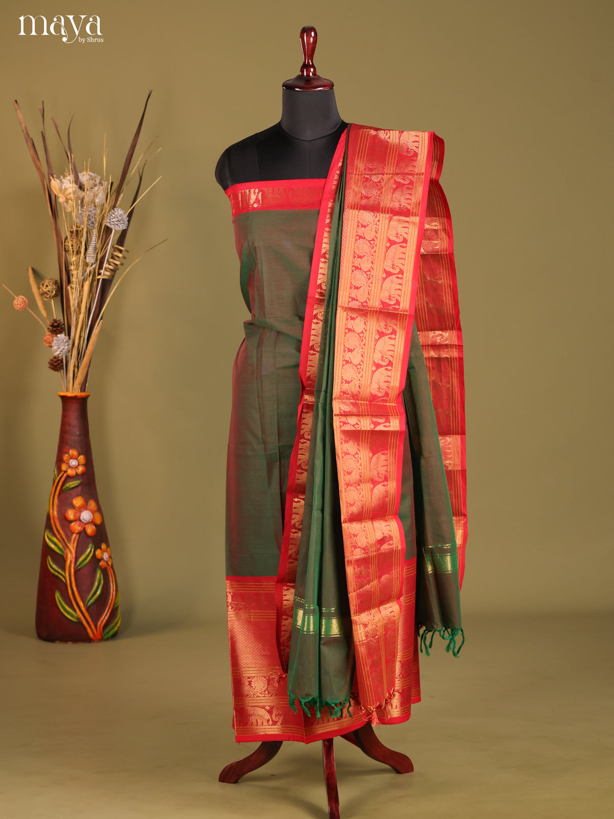 Double Shaded Green & Red - chettinad top & dupatta combo