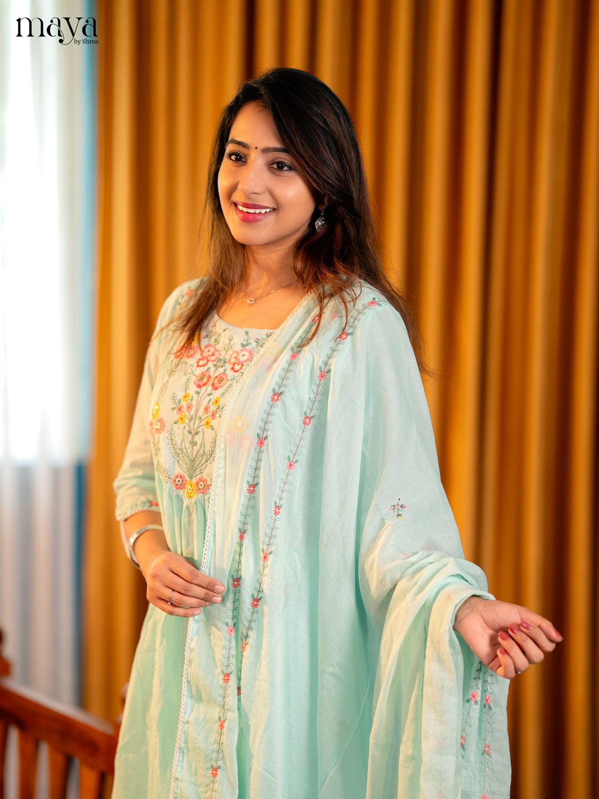 Teal - Floral Embroidery Readymade 3-piece