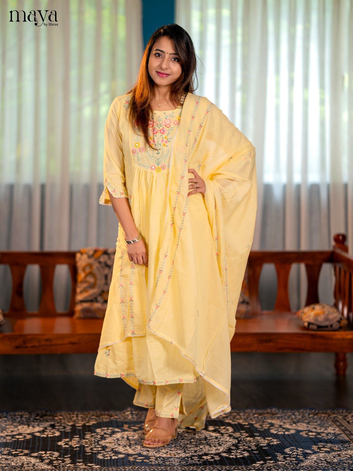 Yellow - Floral embroidery Readymade 3-pieace Salwar