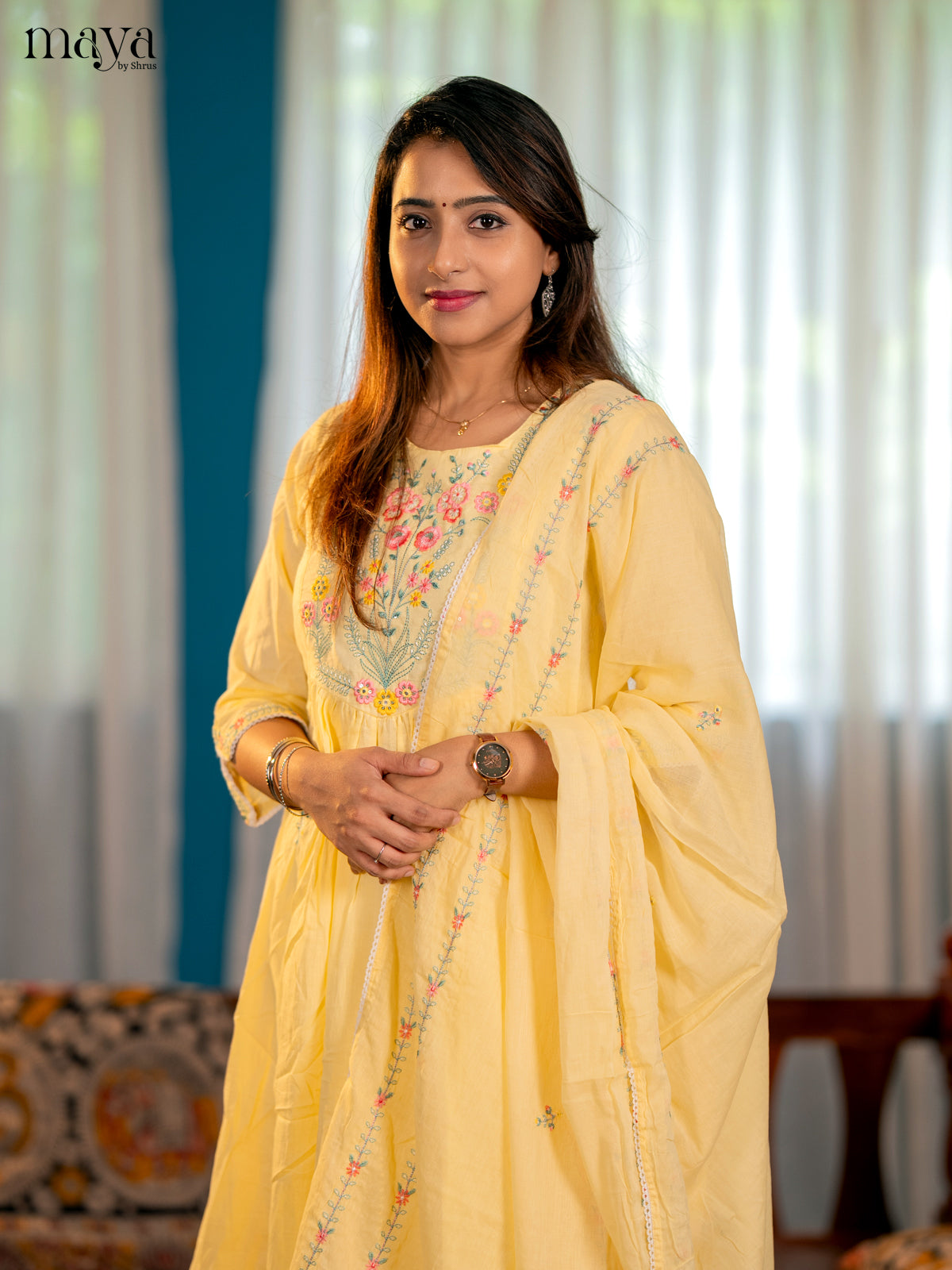 Yellow - Floral embroidery Readymade 3-pieace Salwar