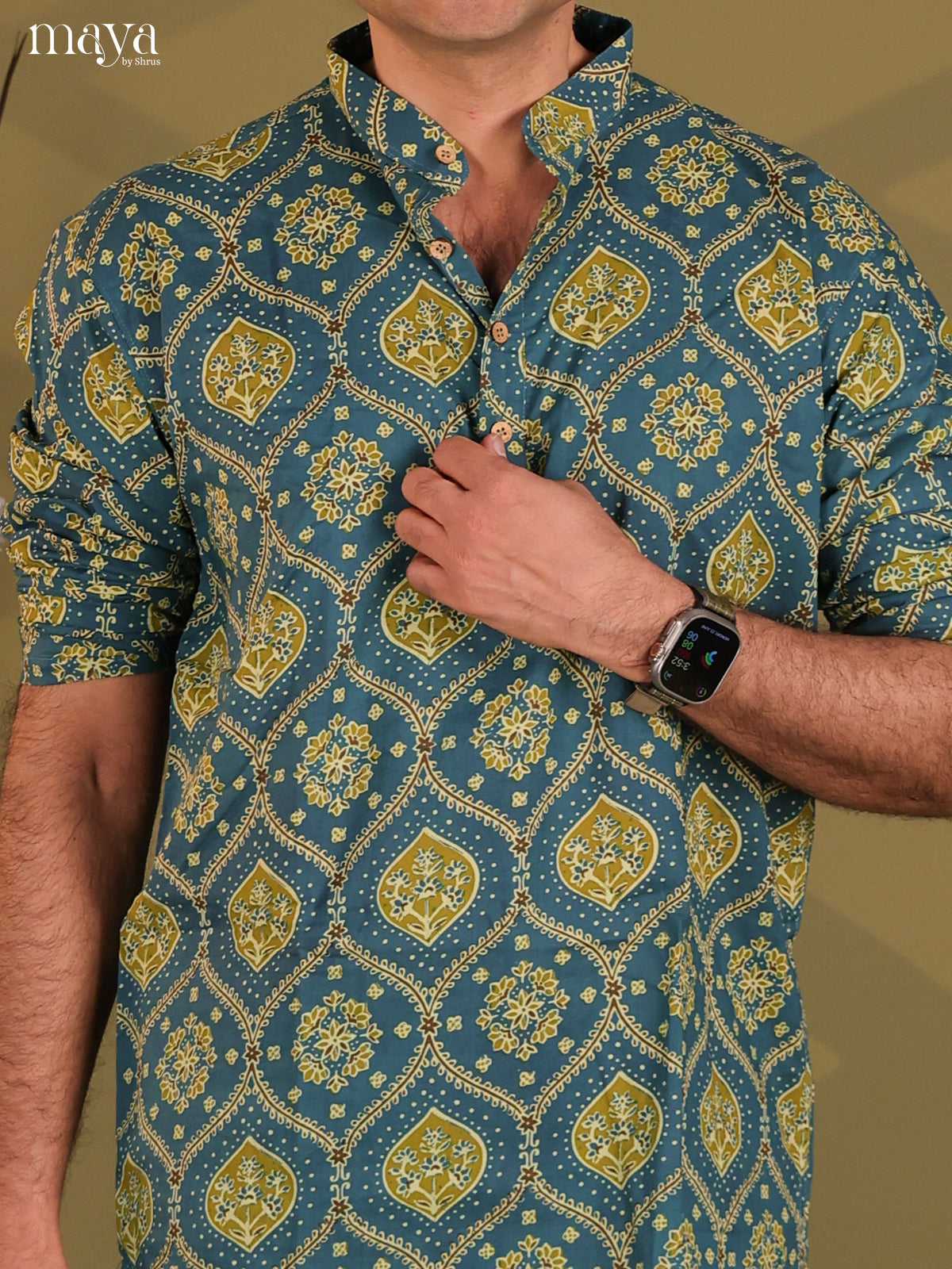 Peacock Blue Cotton Floral Print Short Men Kurta