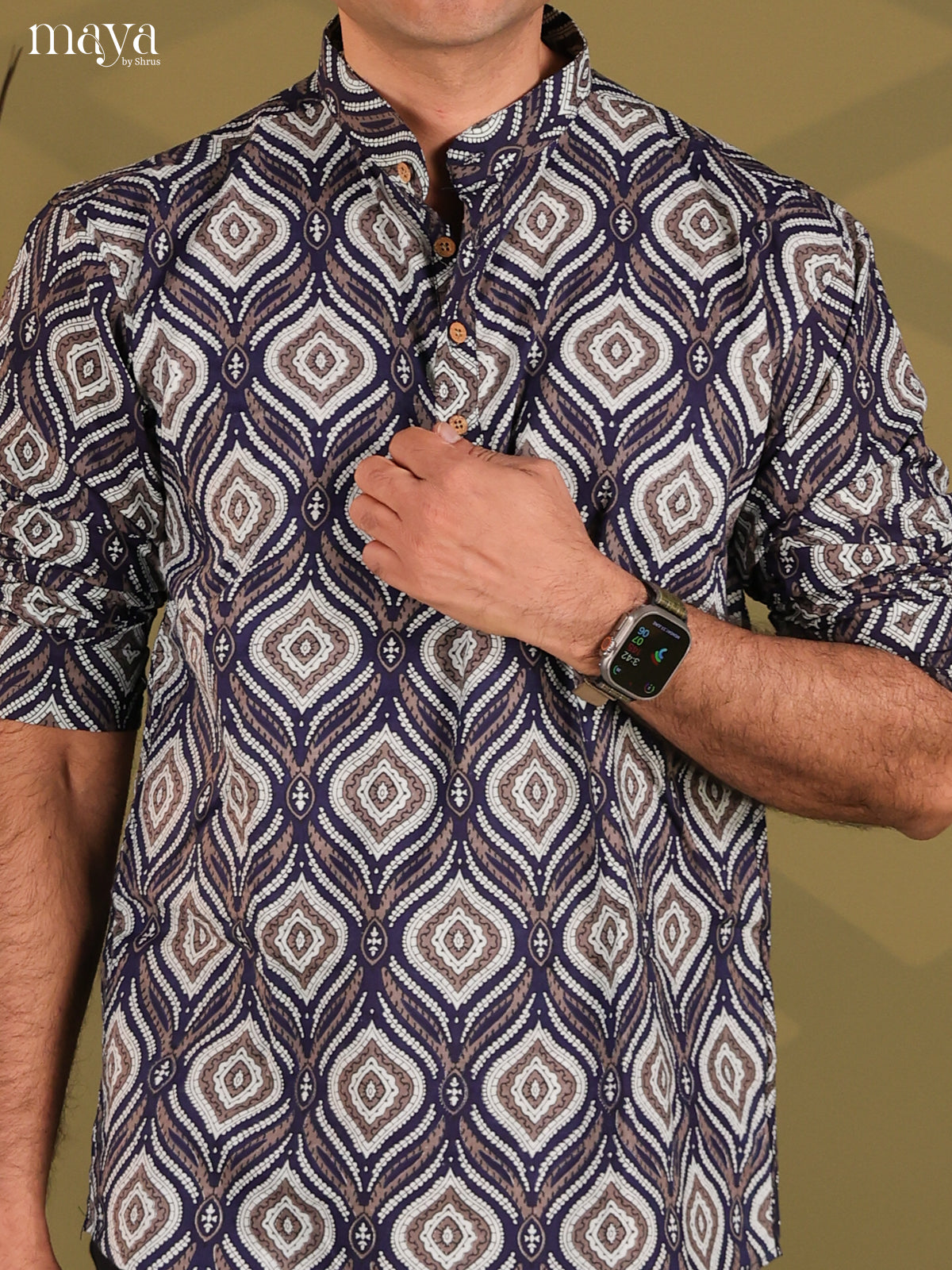 Navy Blue Cotton Printed Short Men Kurta