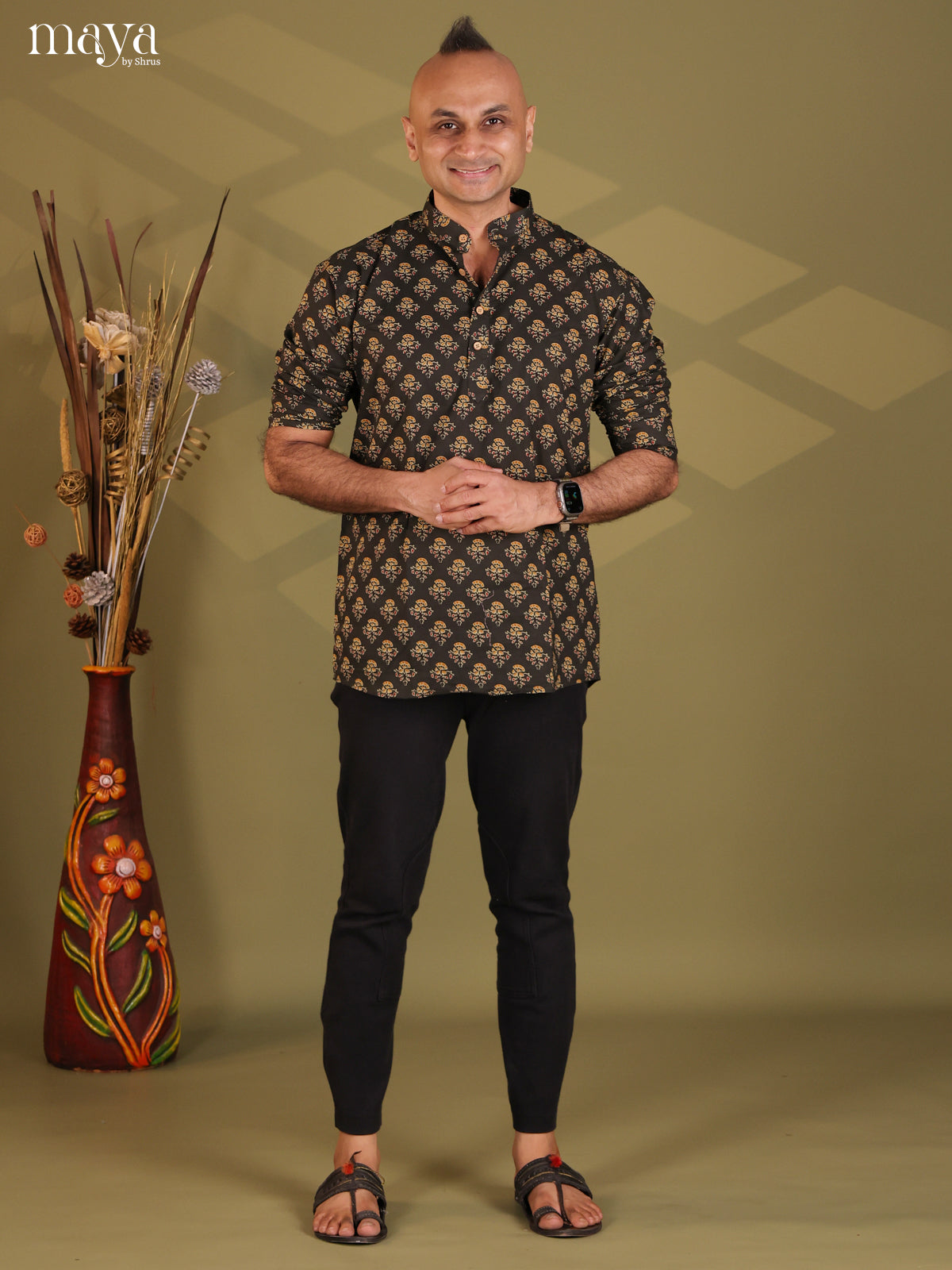 Brown Cotton Floral Print Short Men Kurta