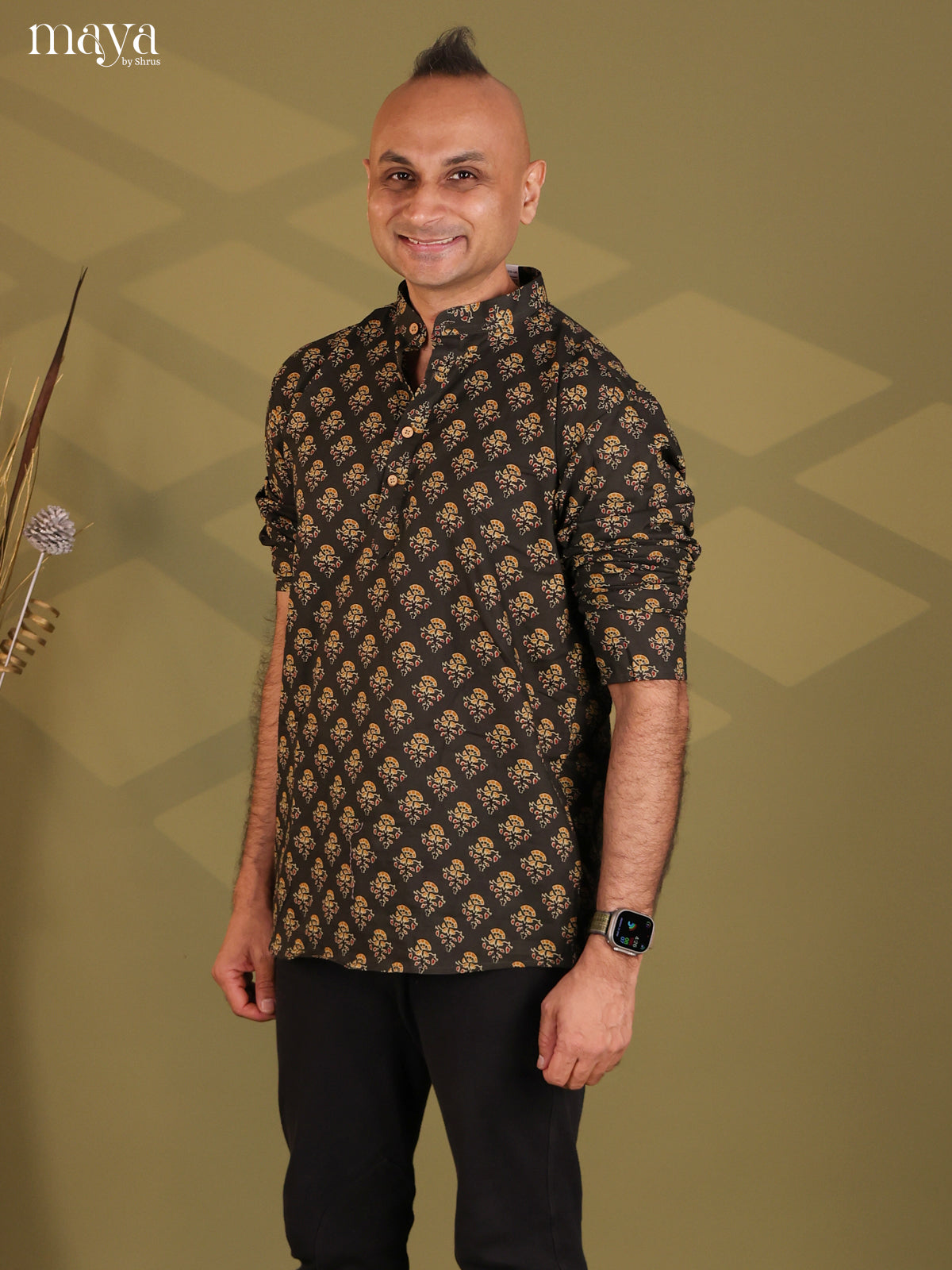 Brown Cotton Floral Print Short Men Kurta