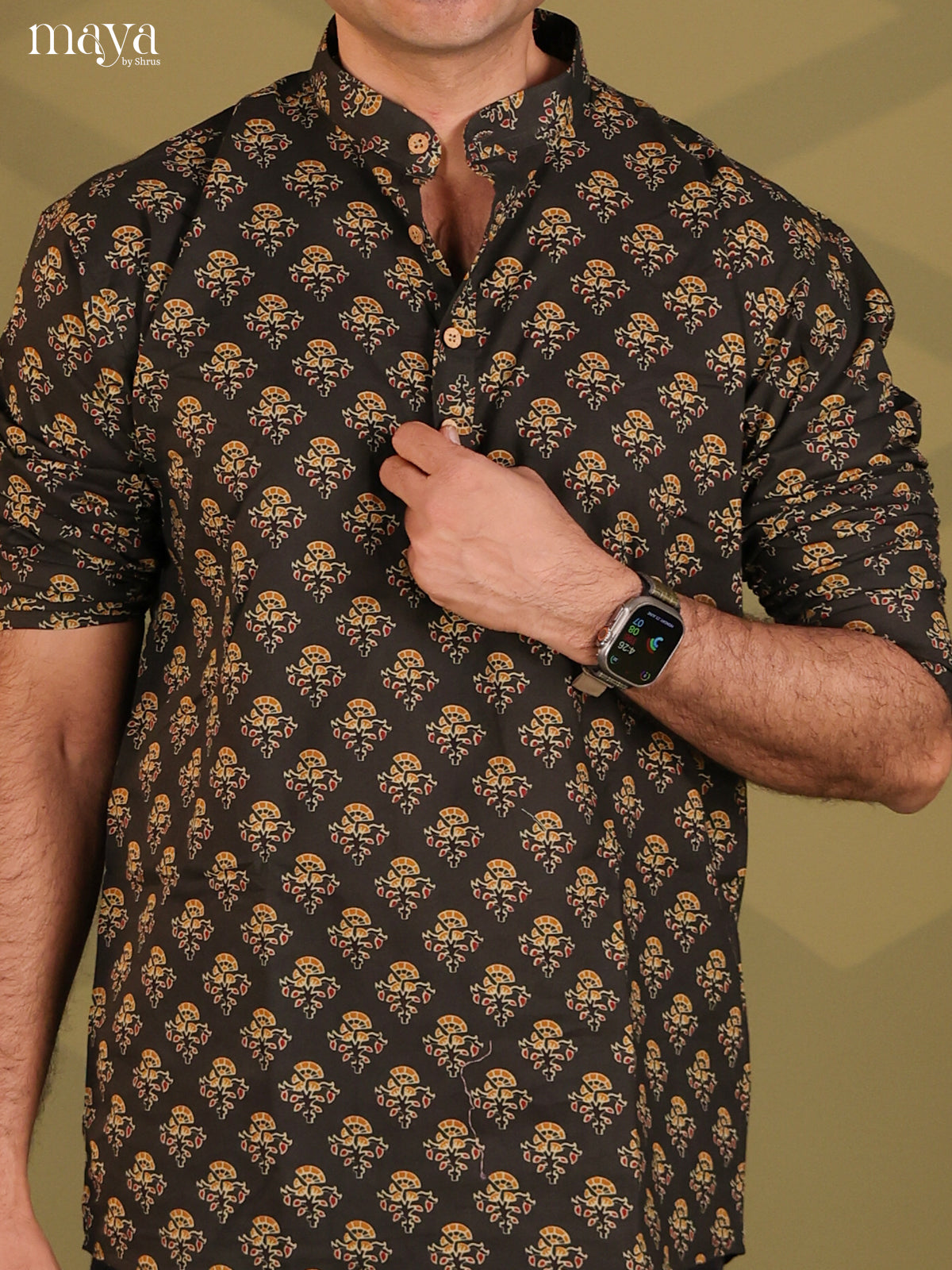 Brown Cotton Floral Print Short Men Kurta