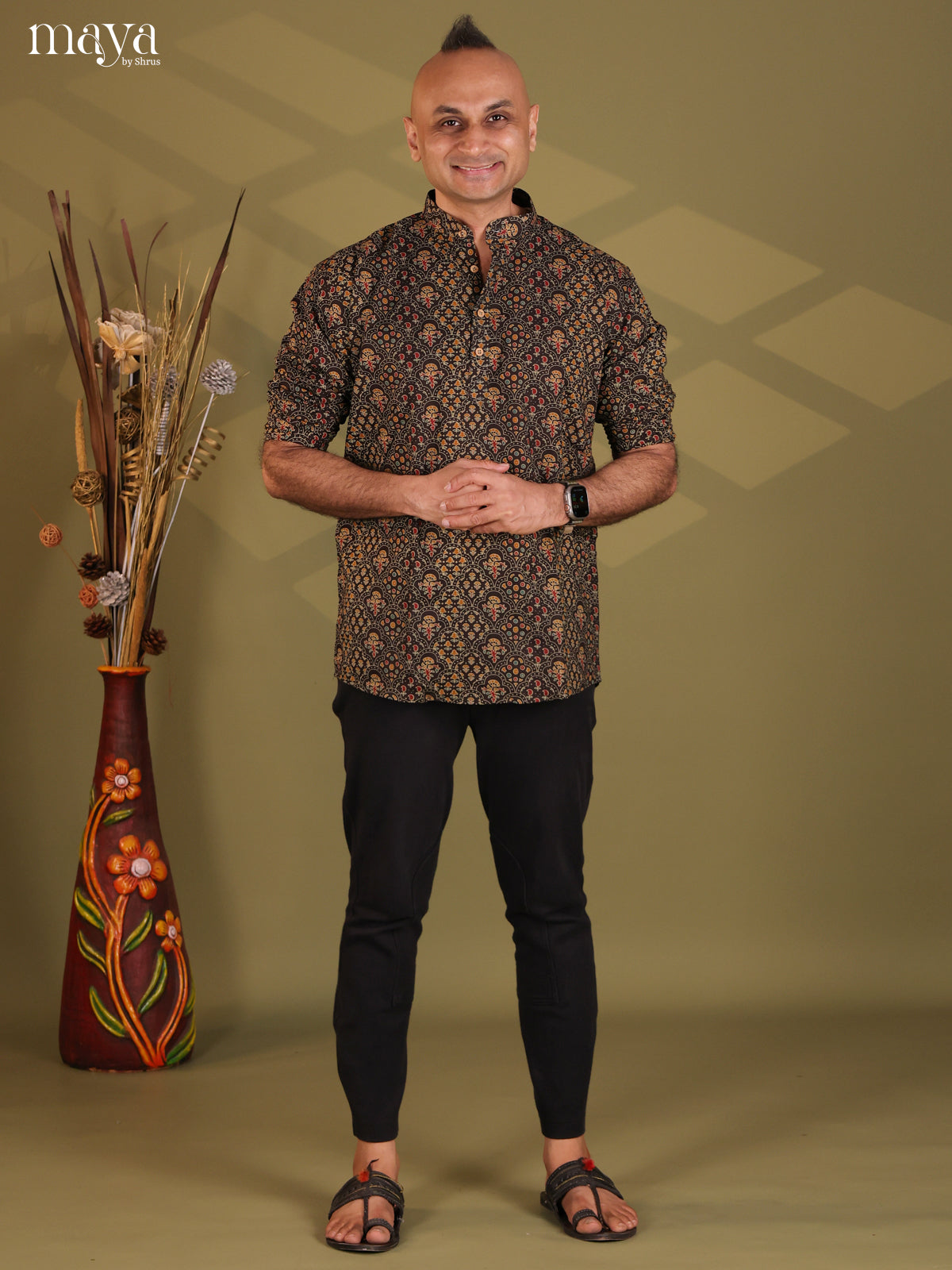 Brown Cotton Floral Print Short Men Kurta
