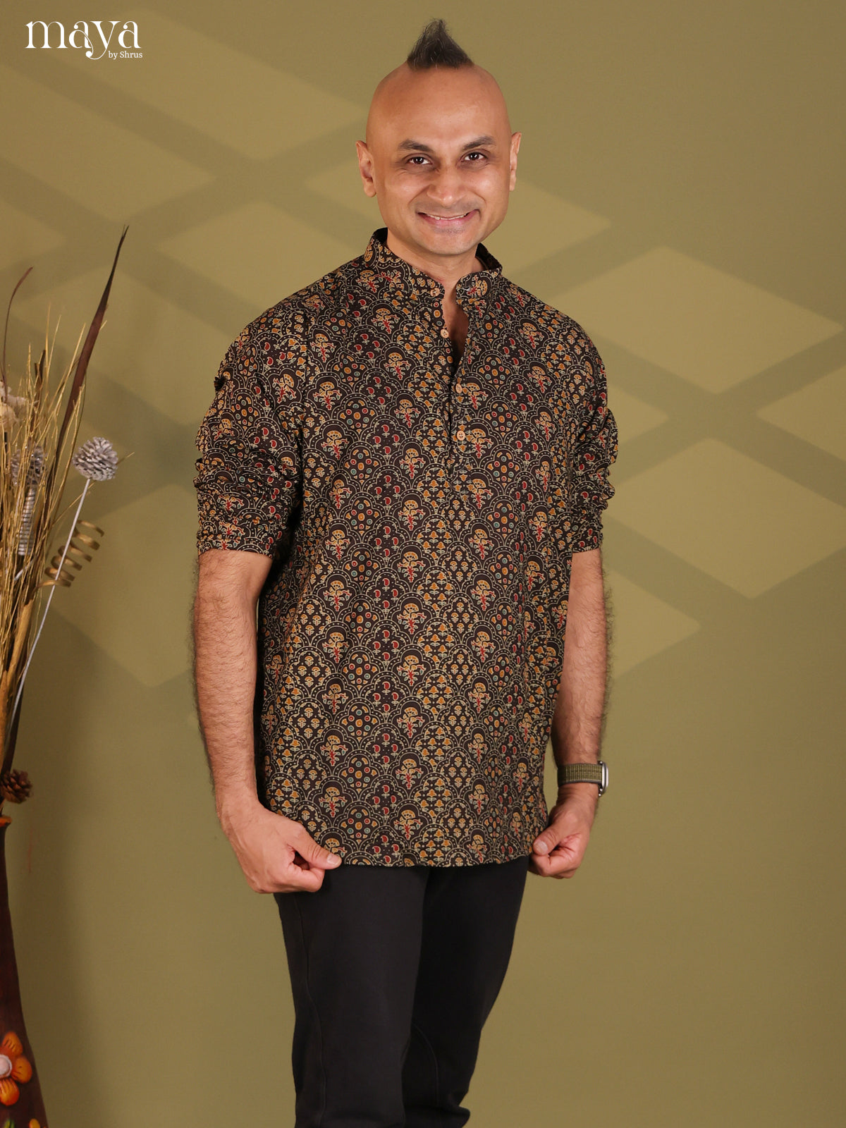 Brown Cotton Floral Print Short Men Kurta