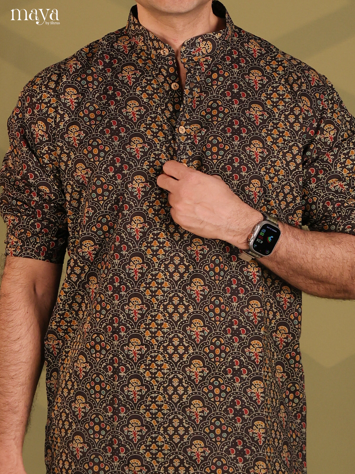 Brown Cotton Floral Print Short Men Kurta
