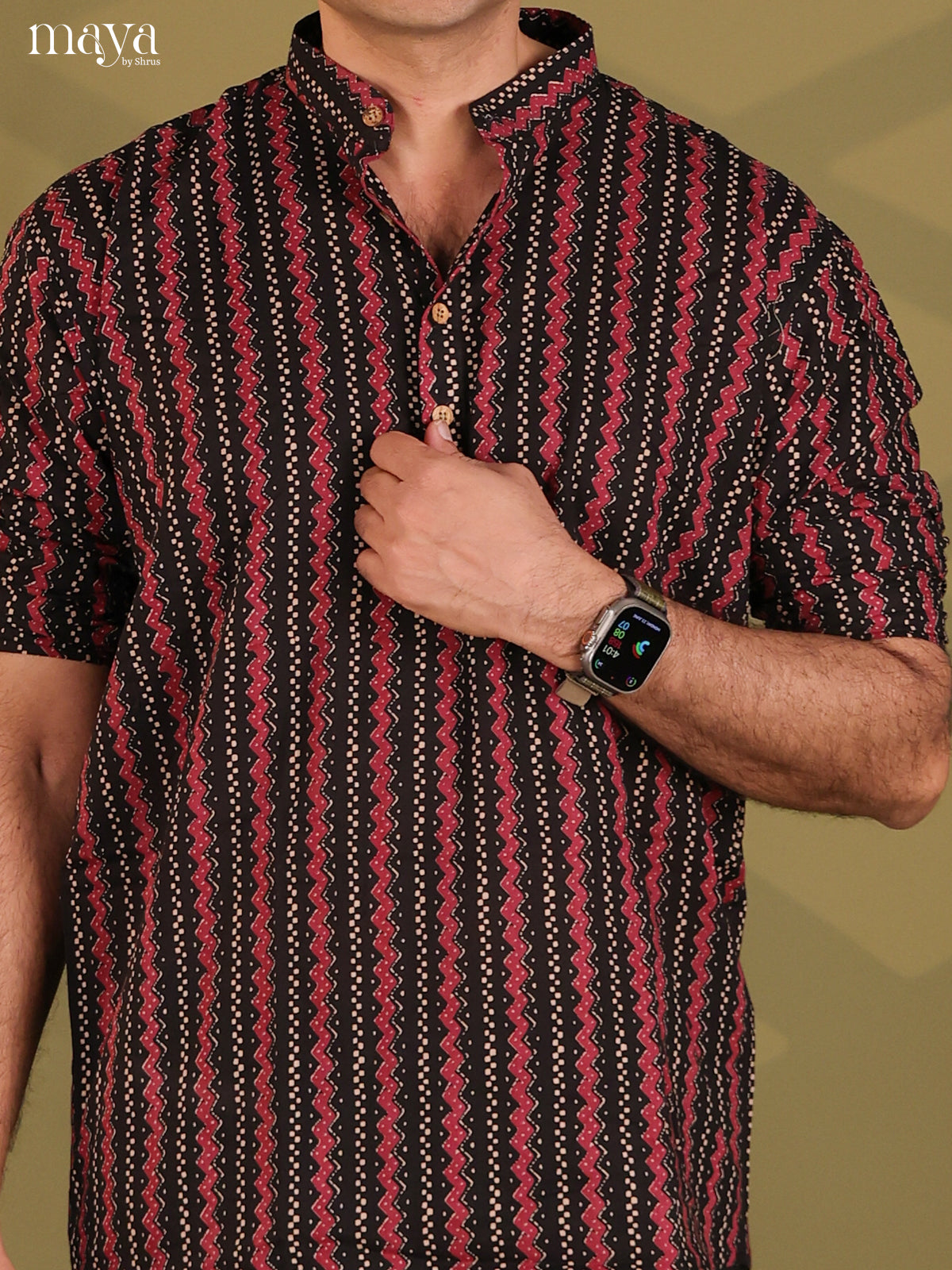 Balck with Maroon Cotton Printed Short Men Kurta