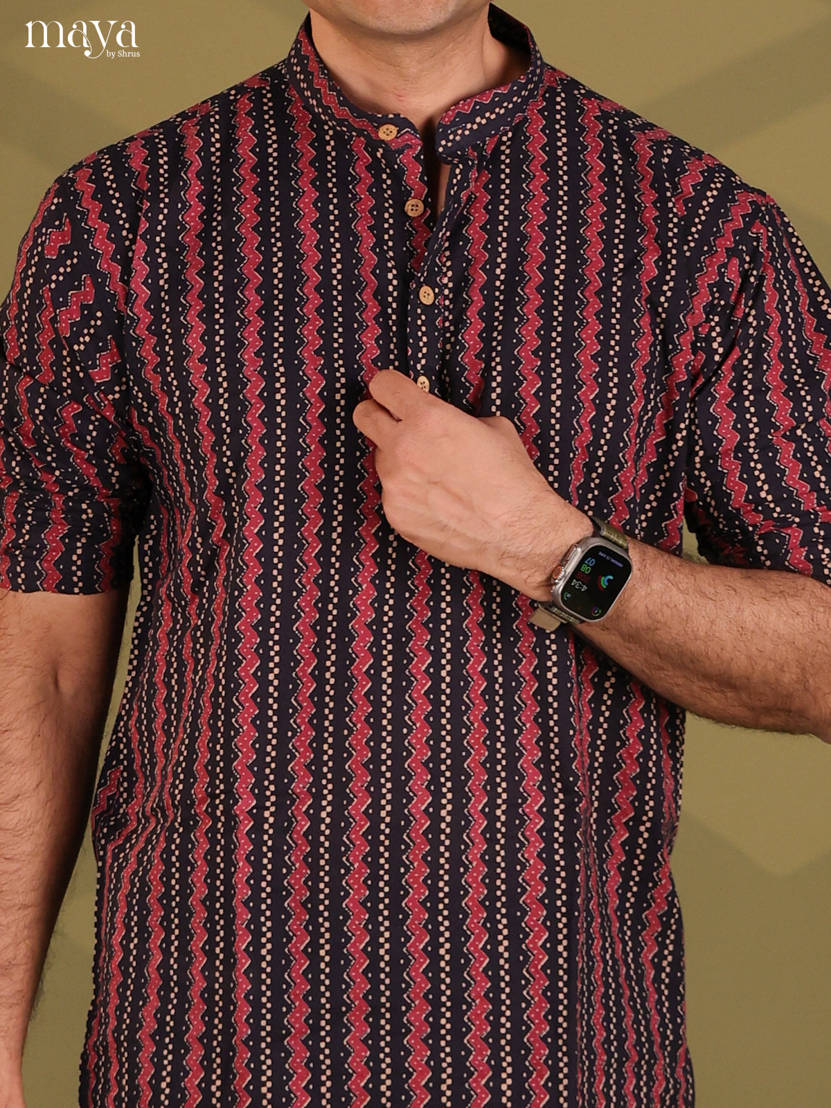 Black with Maroon Cotton Printed Short Men Kurta