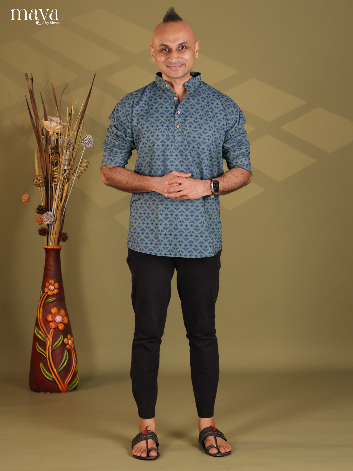 Blue Cotton Printed Short Men Kurta