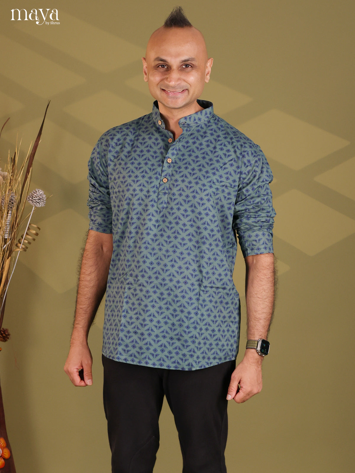 Blue Cotton Printed Short Men Kurta