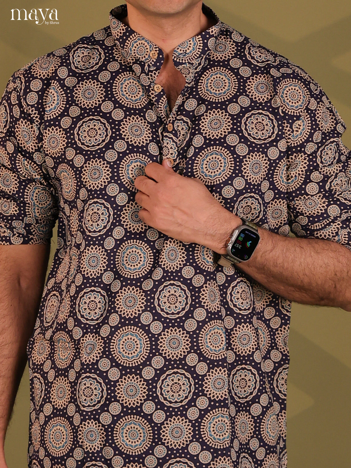 Black Cotton Ajrakh Print Short Men Kurta