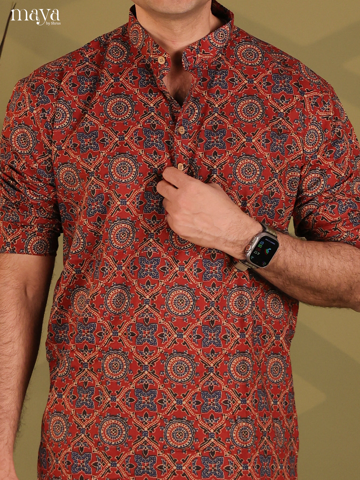Maroon Cotton Ajrakh Print Short Men Kurta