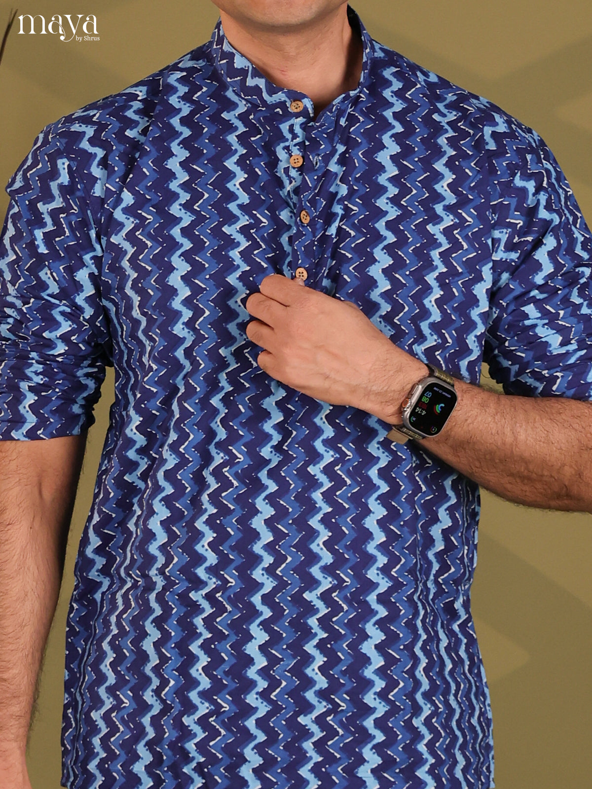 Indigo Blue Cotton Block Print Short Men Kurta