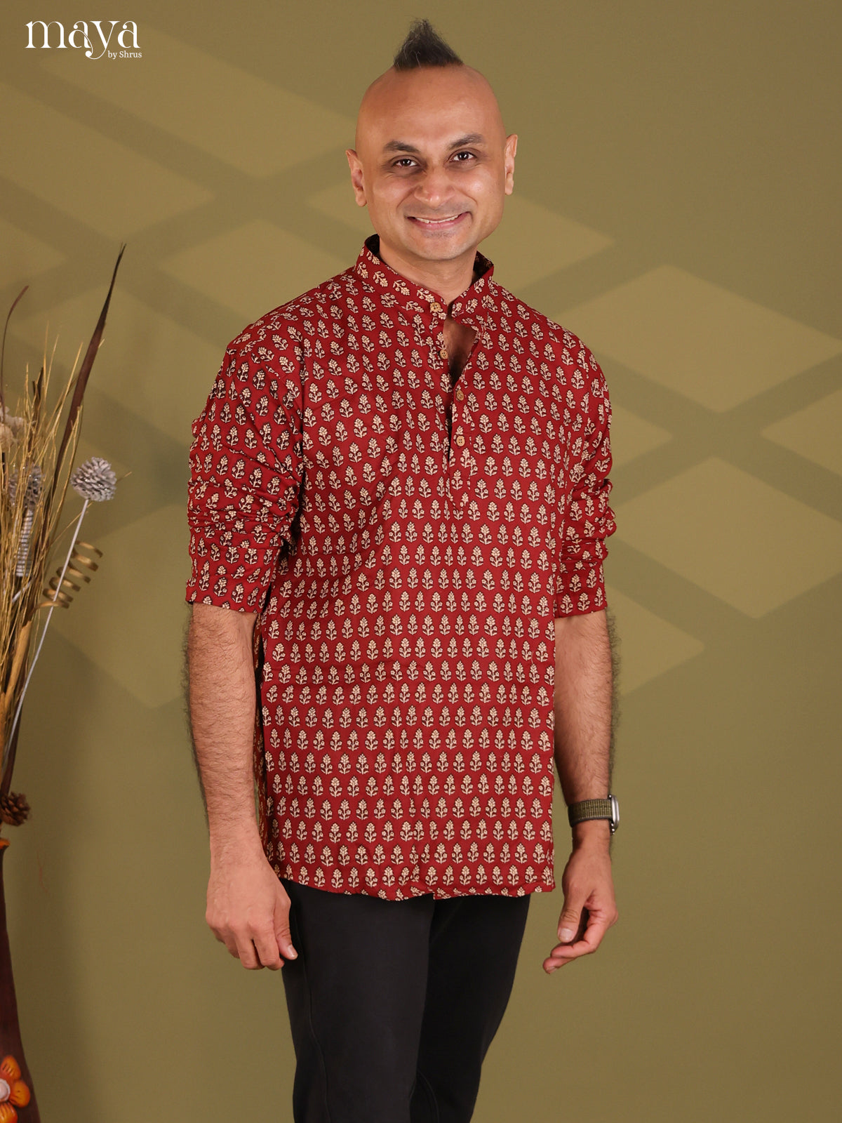 Maroon Cotton Floral Print Short Men Kurta