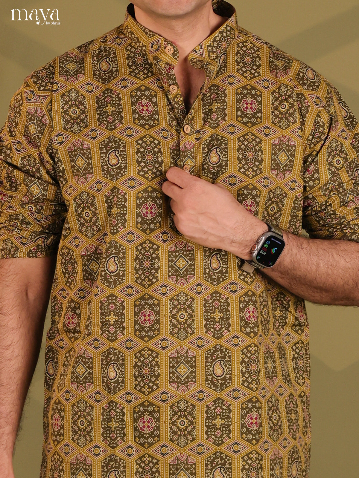 Army Green Cotton Printed Short Men Kurta