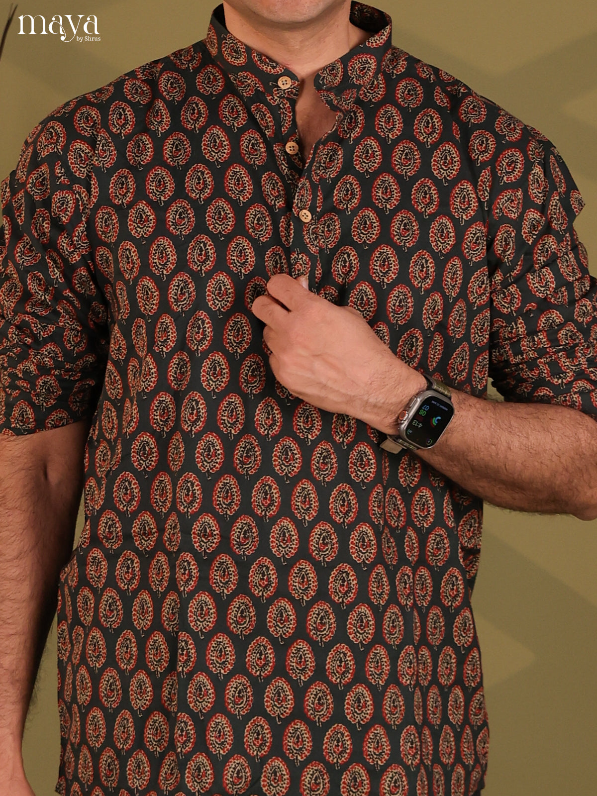 Black Cotton Printed Short Men Kurta