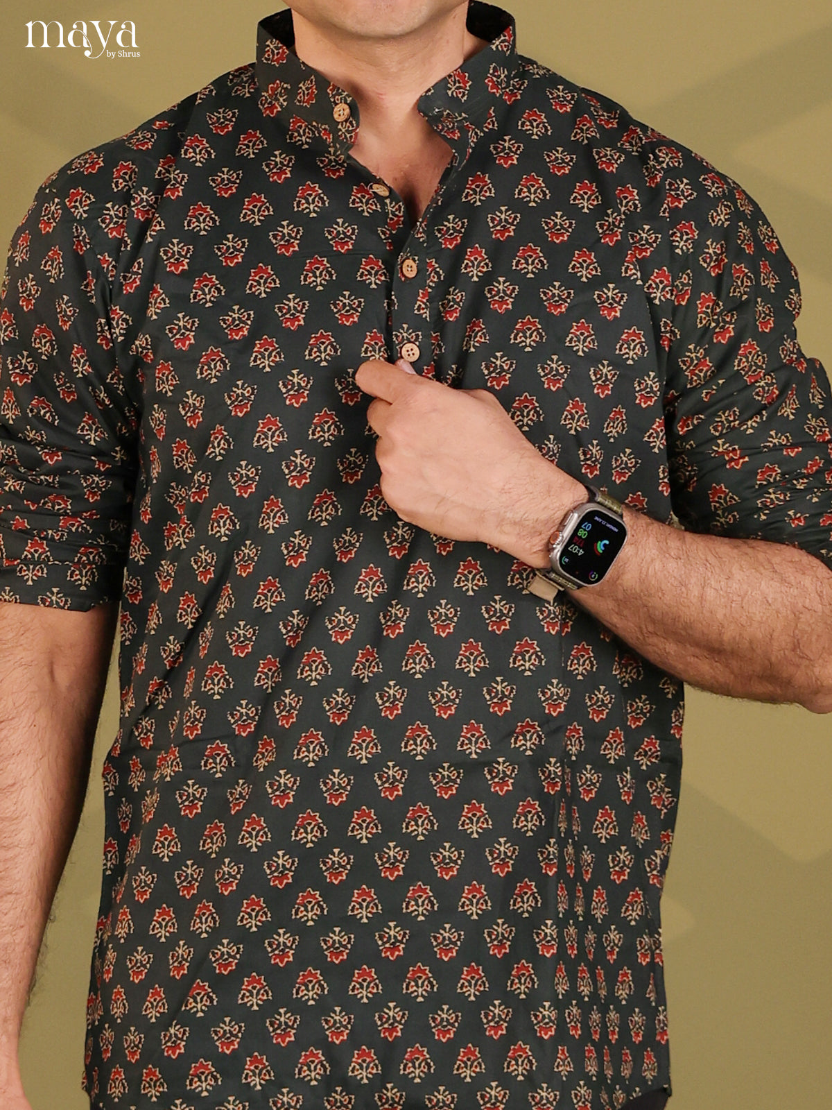 Black Cotton Floral Print Short Men Kurta