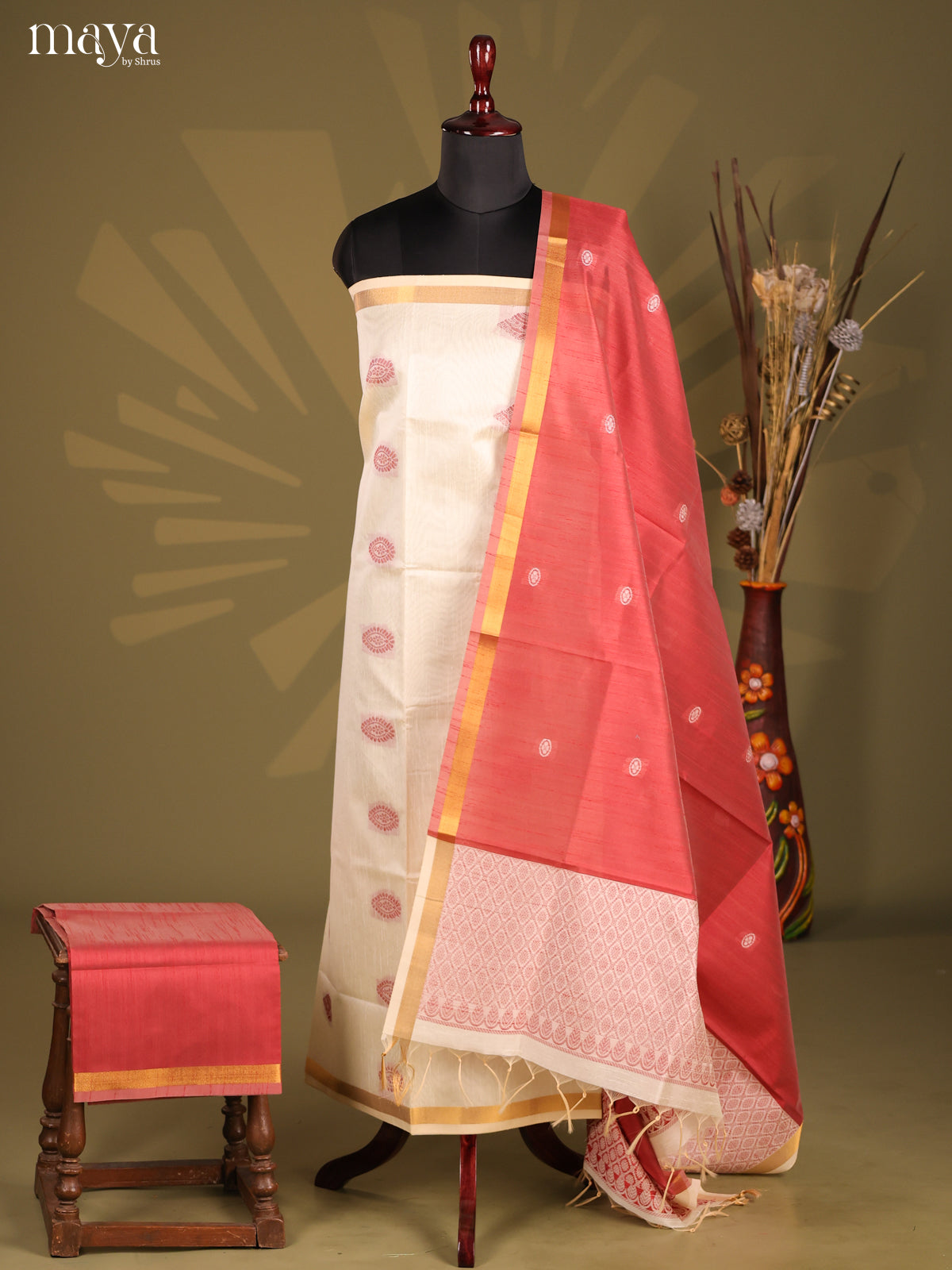 Cream & Red- Semi rawsilk salwar