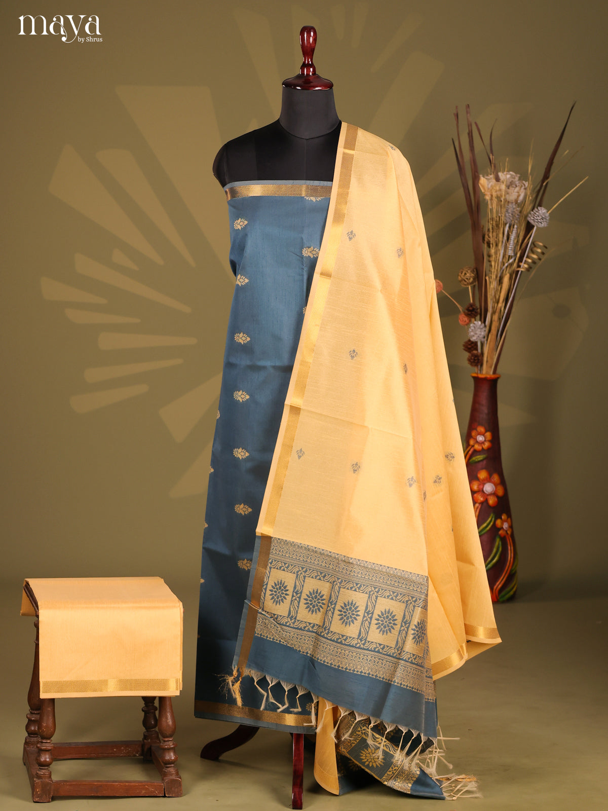 Blue & Peach - Semi rawsilk salwar