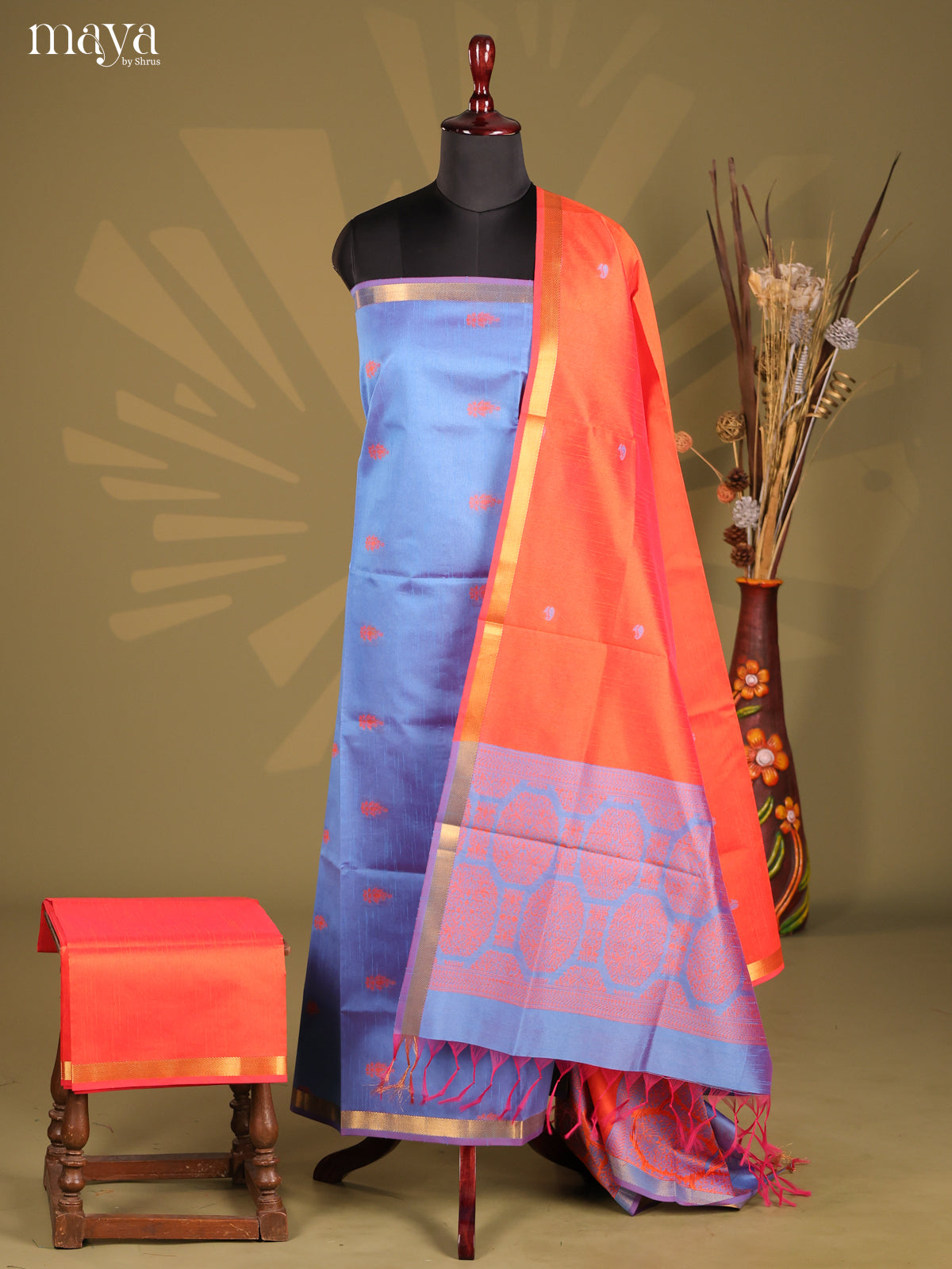 Blue & Orange - Semi rawsilk salwar