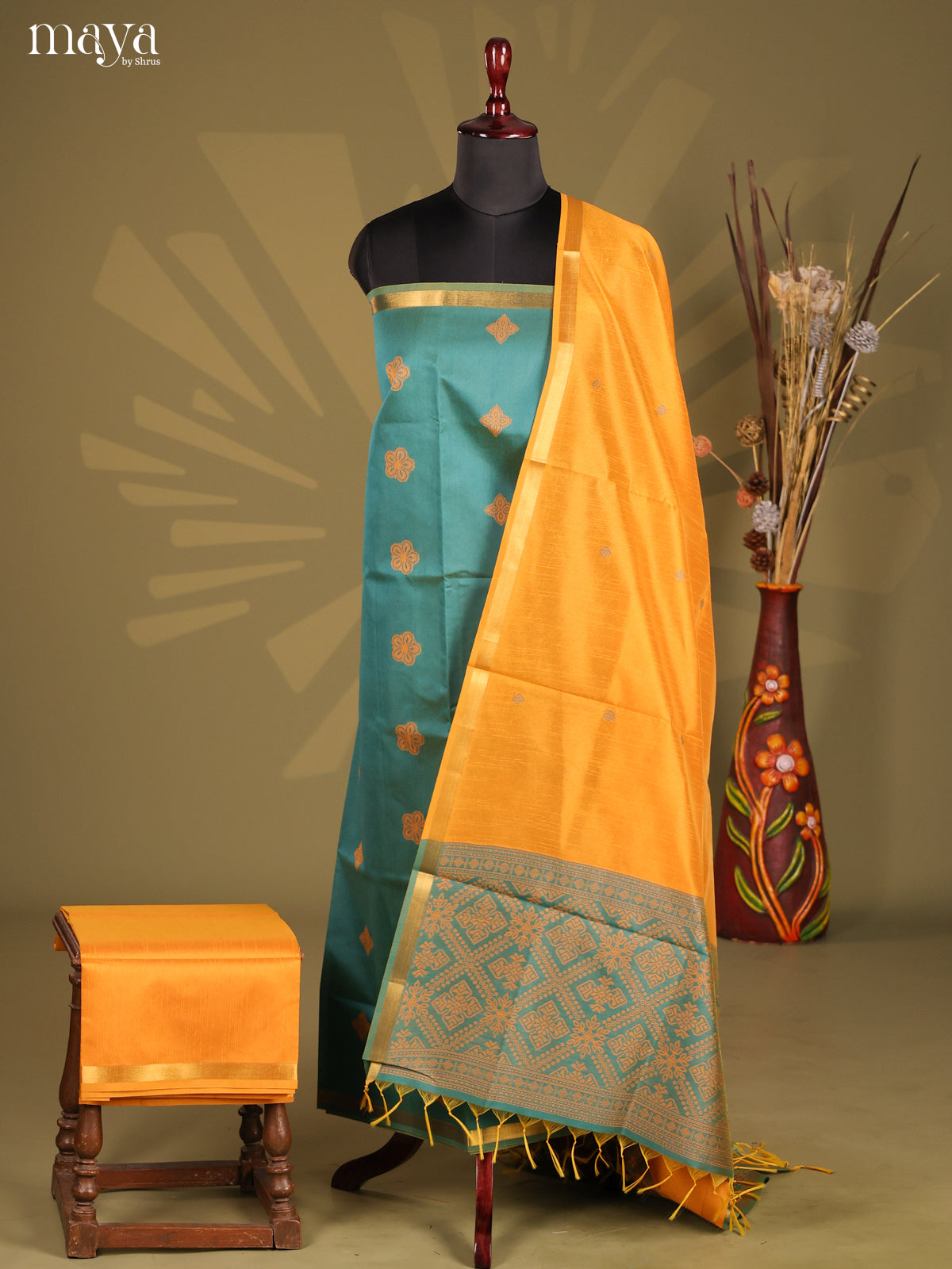 Blue & Mustard - Semi rawsilk salwar