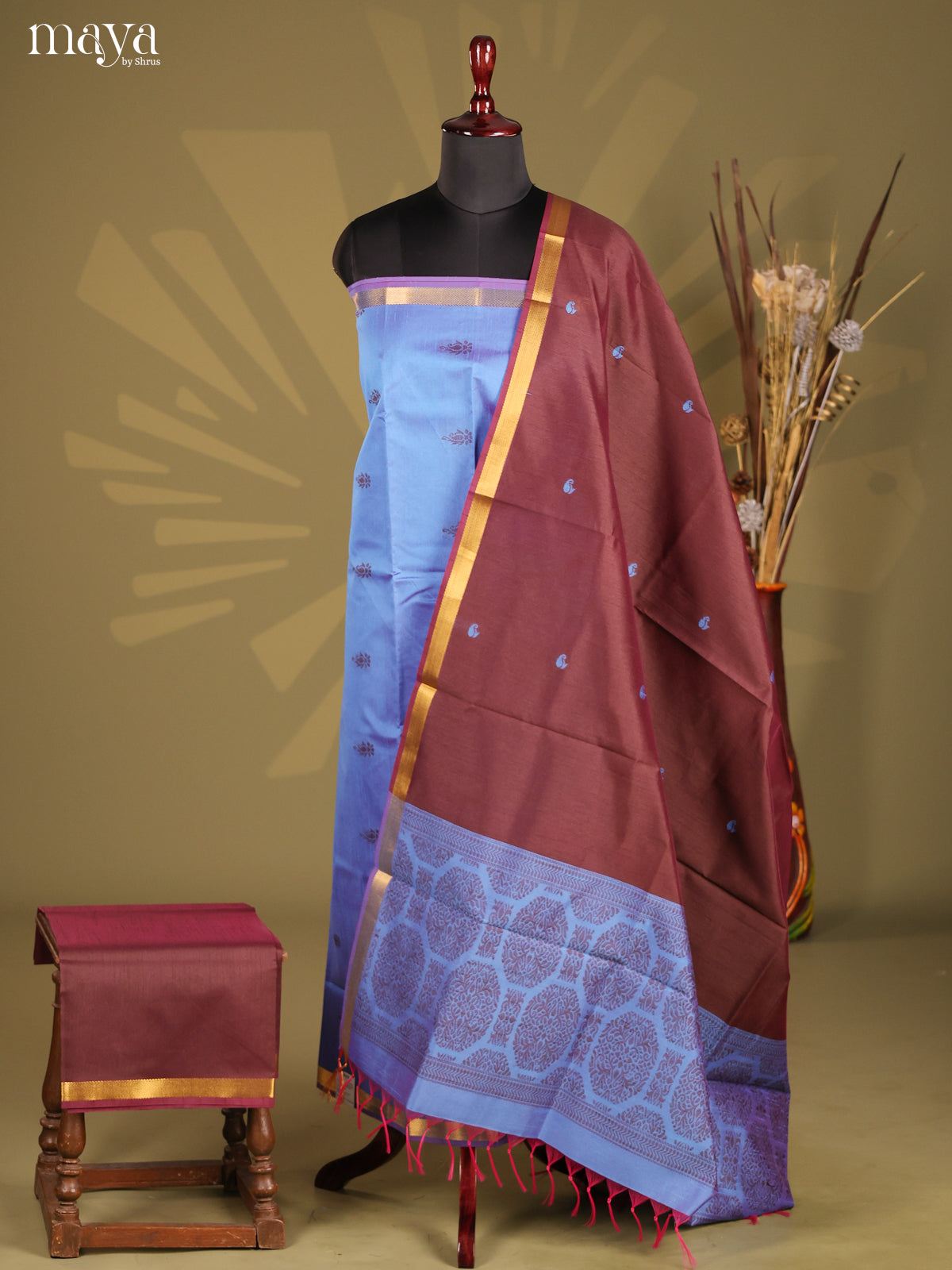 Blue & Brown - Semi rawsilk salwar
