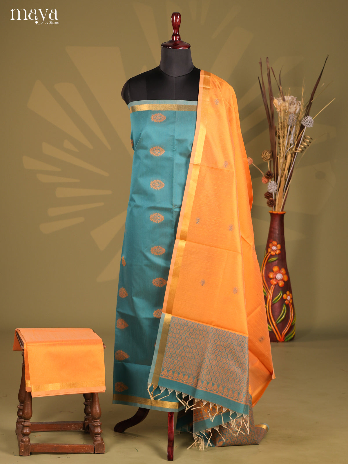 Blue & Peach - Semi rawsilk salwar