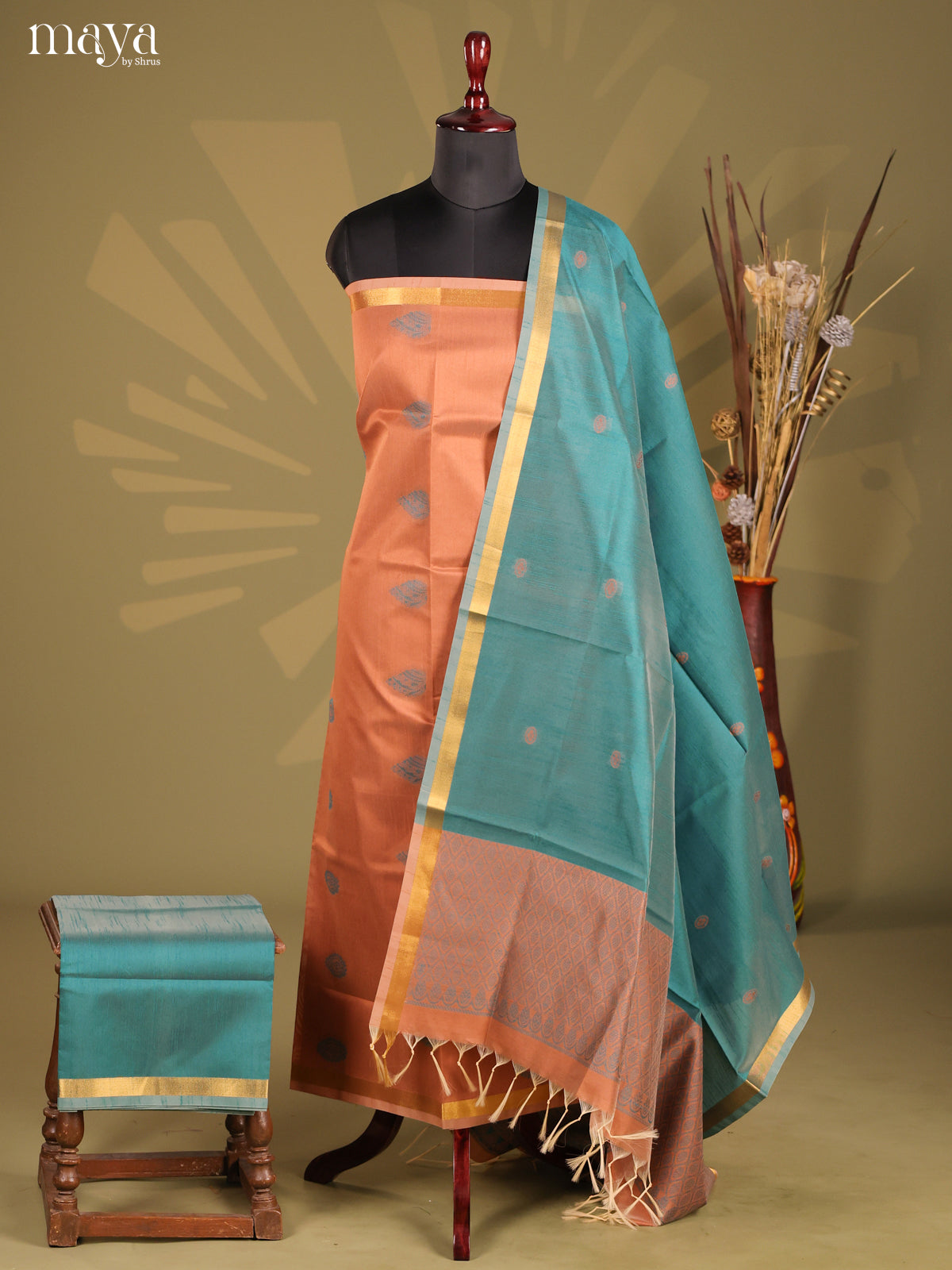 Brown & Green - Semi rawsilk salwar
