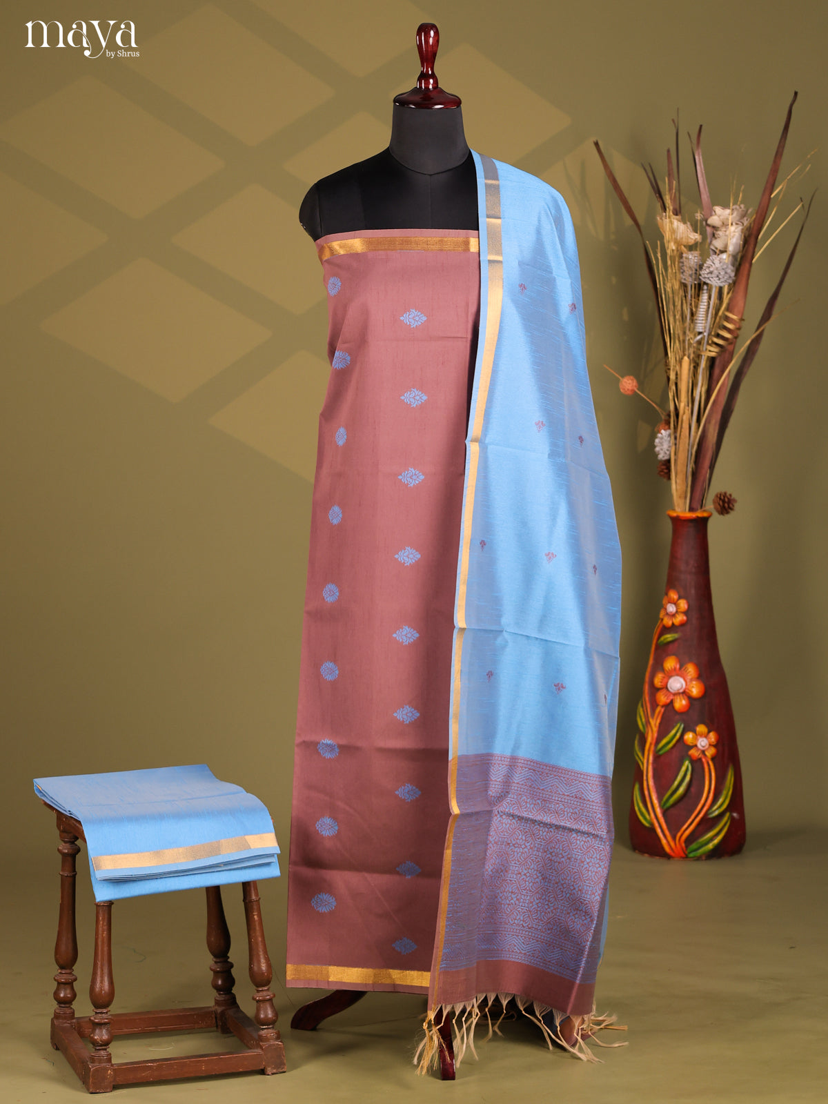 Brown & Blue - Semi rawsilk salwar