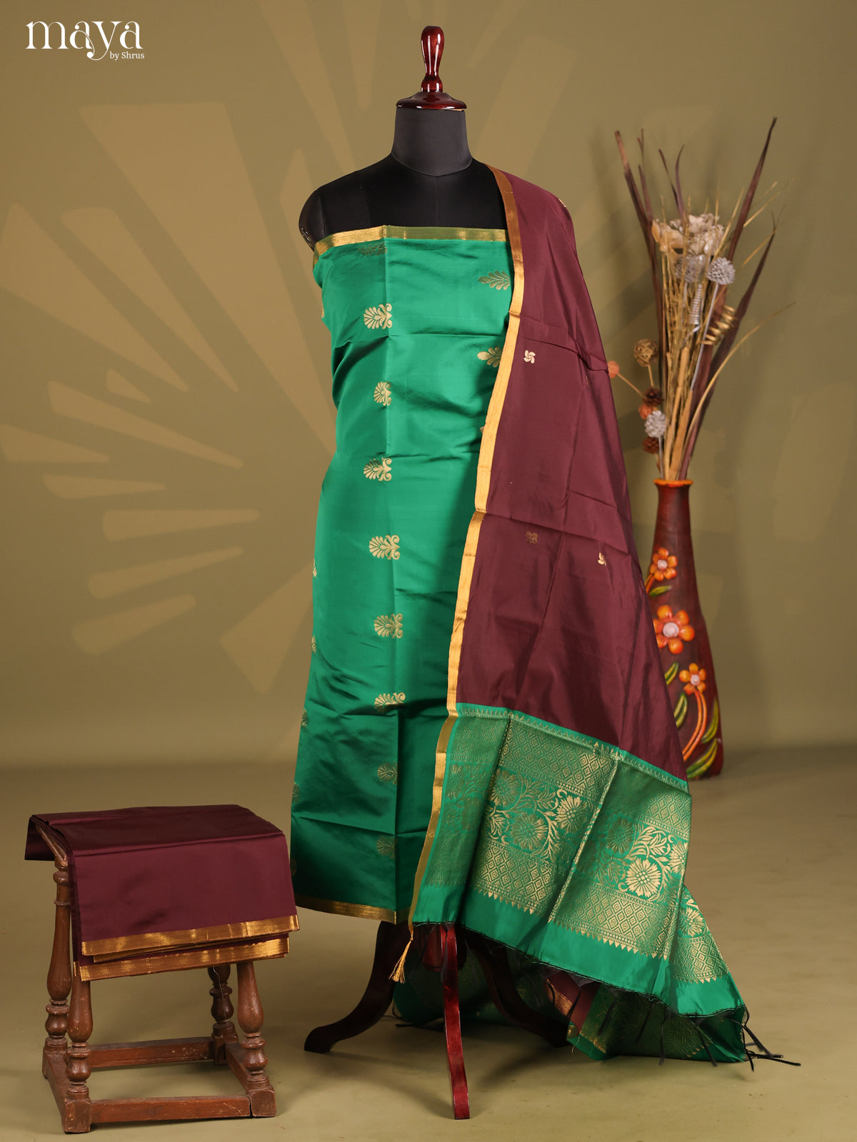 Green & Brown - Semi Soft Silk Salwar