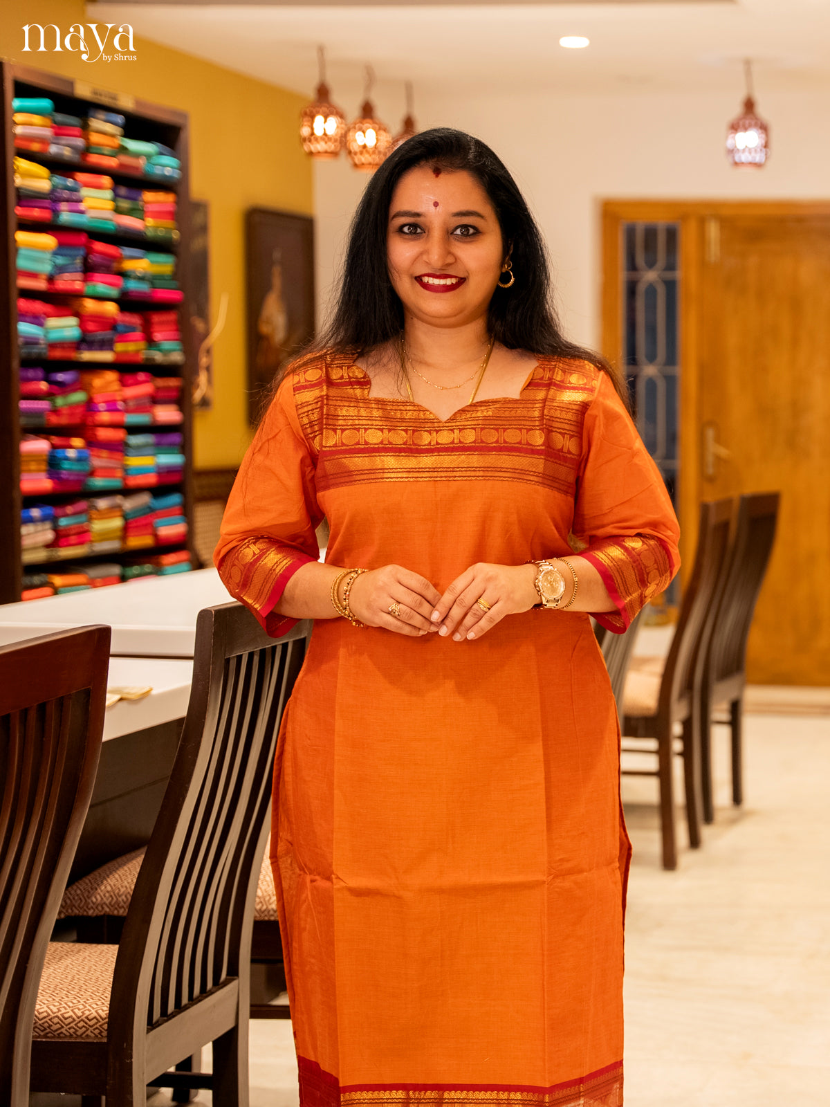 Orange & Red Chettinad Cotton Readymade Kurti