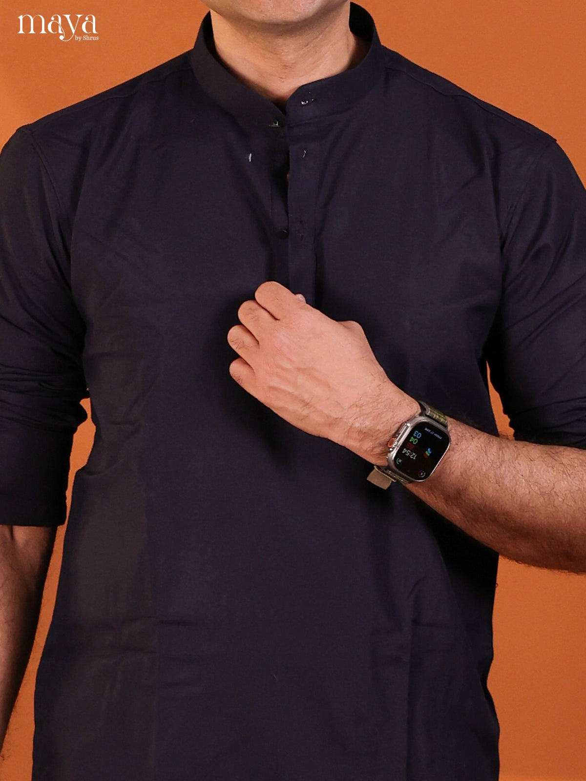 Navy Blue Cotton Solid Short Men Kurta