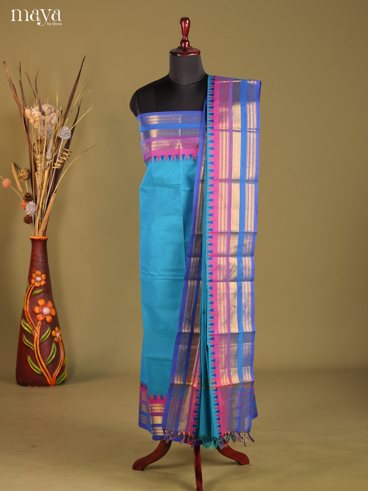 Blue & Pink  - chettinad top & dupatta combo
