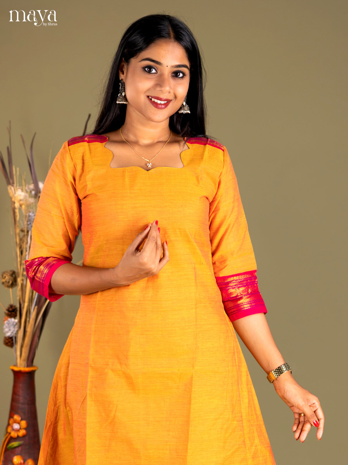 Mustard & Red Chettinad Cotton Readymade Kurti