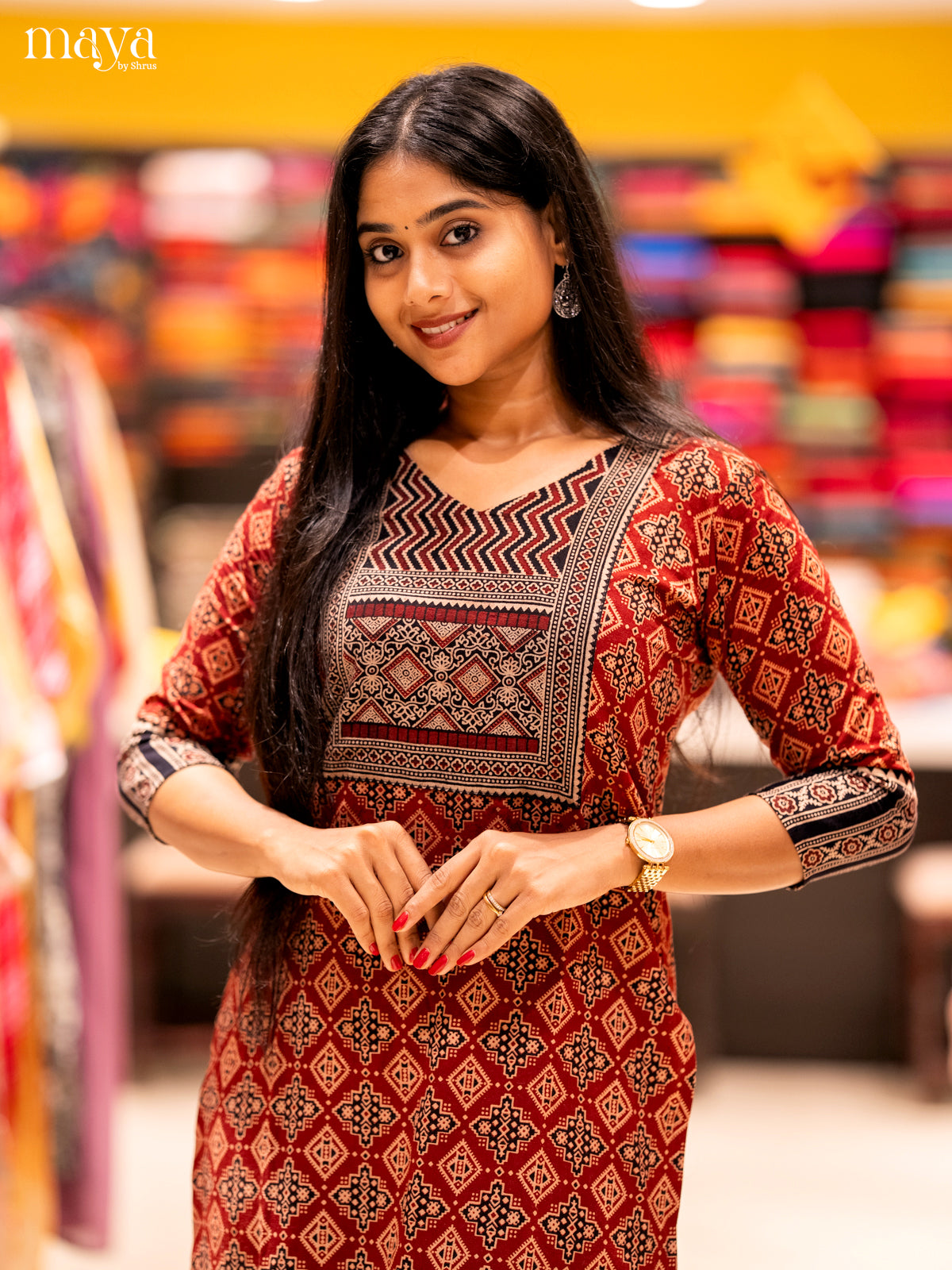 Red & Black Ajrakh Printed Readymade Kurti