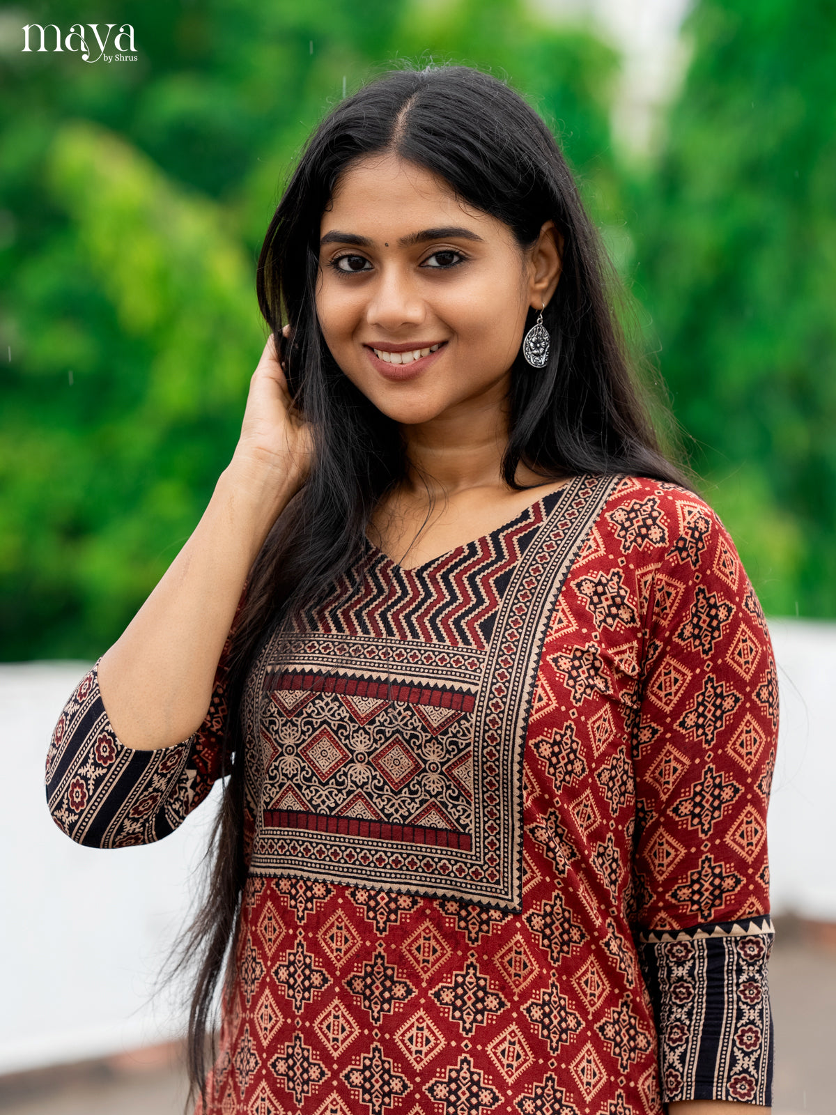 Red & Black Ajrakh Printed Readymade Kurti