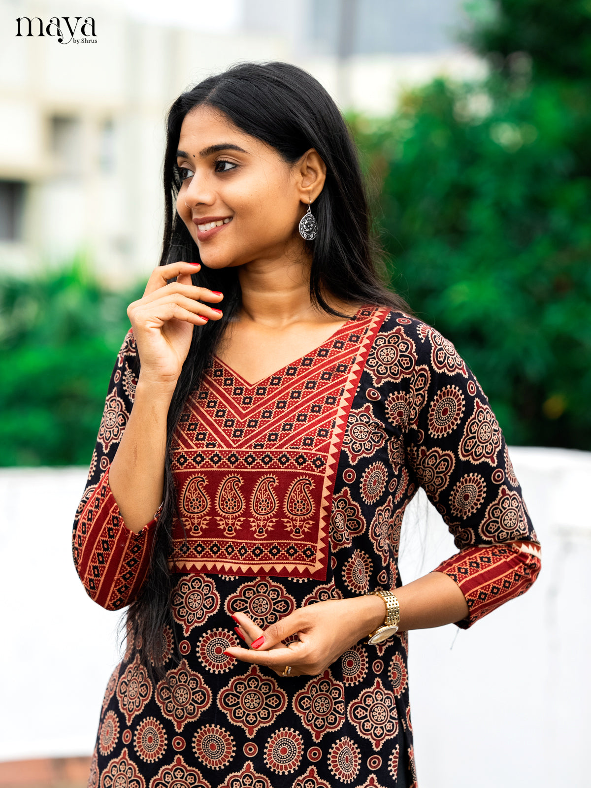 Black & Red Ajrakh Printed Readymade Kurti