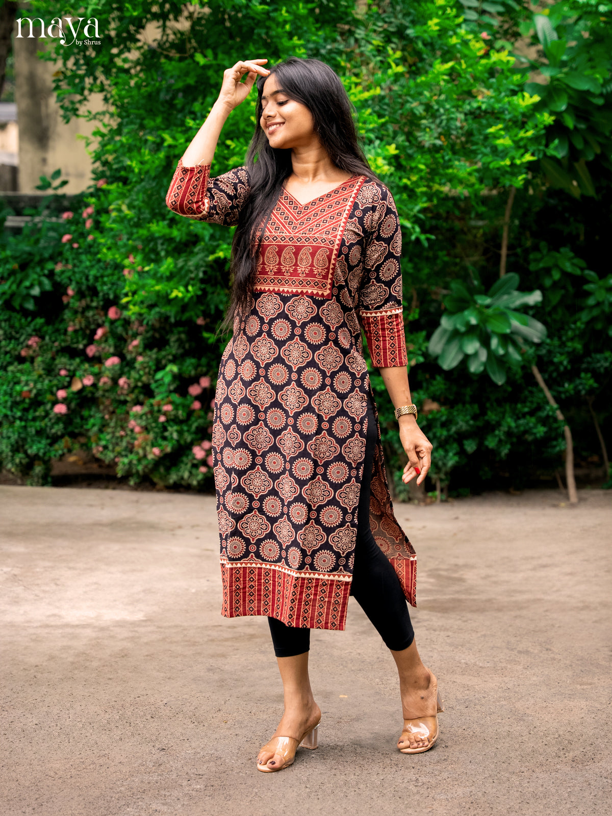 Black & Red Ajrakh Printed Readymade Kurti