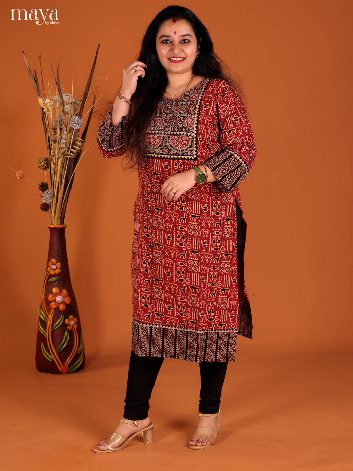 Red & Black Ajrakh Printed Readymade Kurti