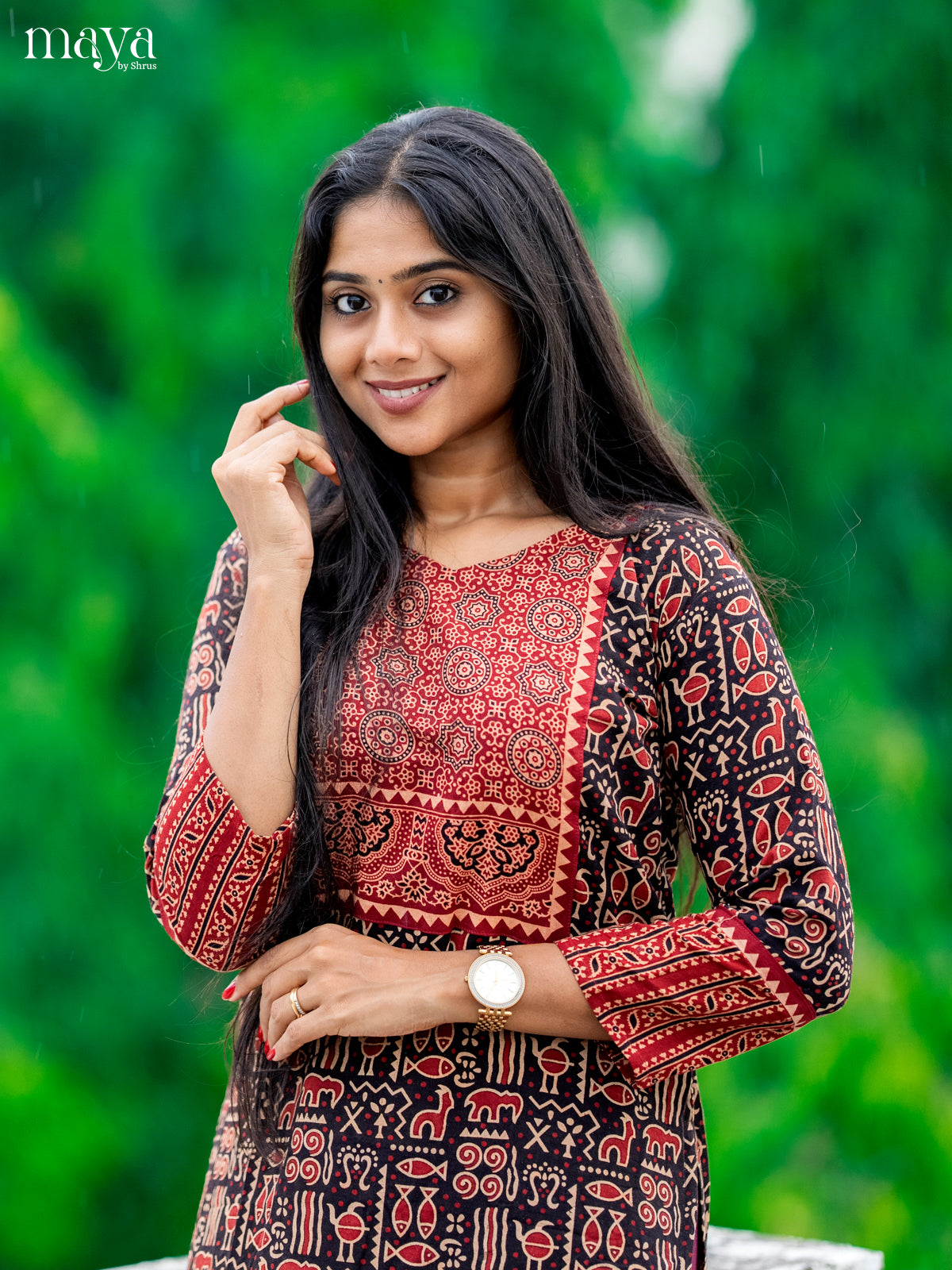 Black & Red Ajrakh Printed Readymade Kurti