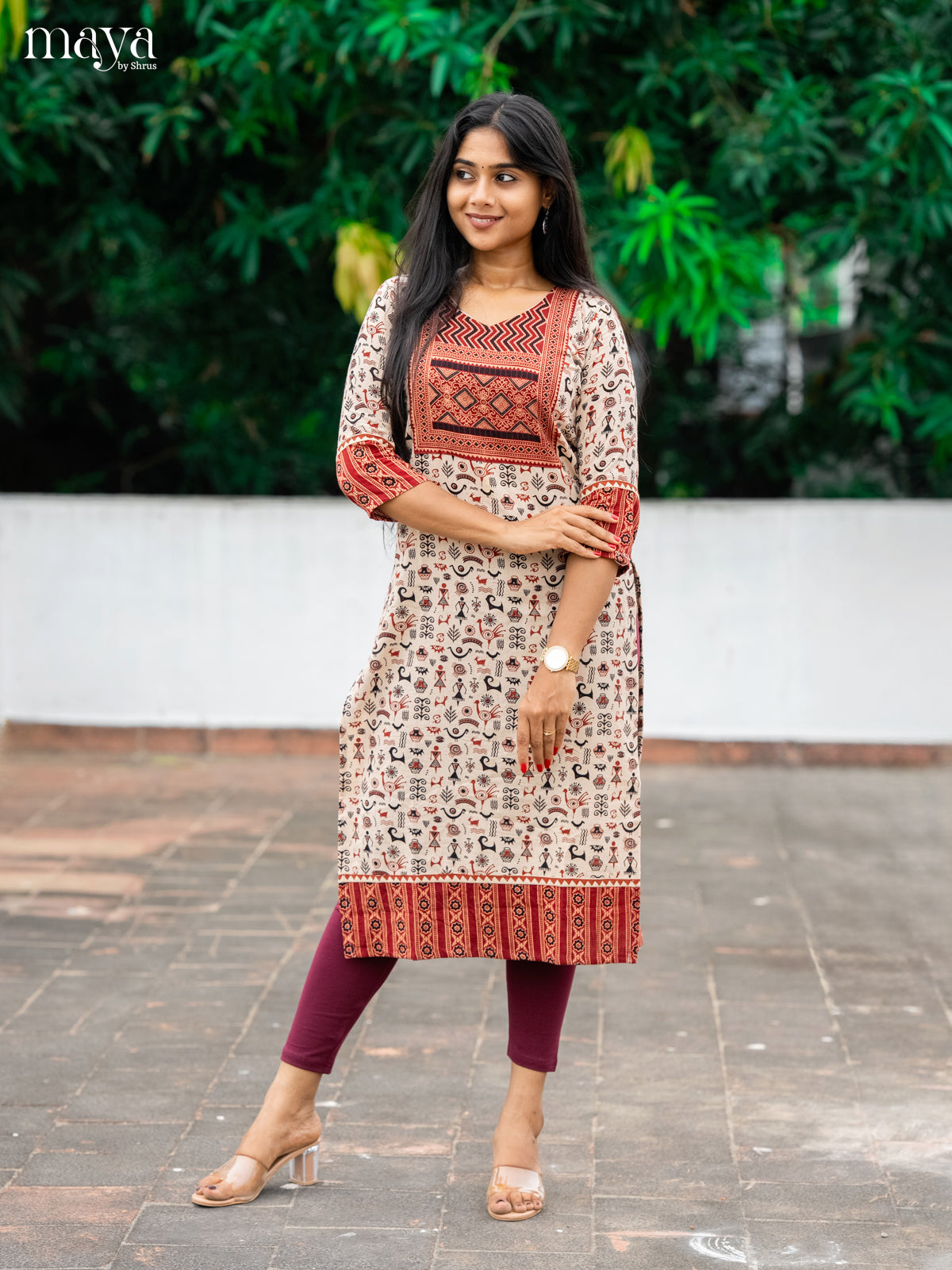 Cream & Red Ajrakh Printed Readymade Kurti