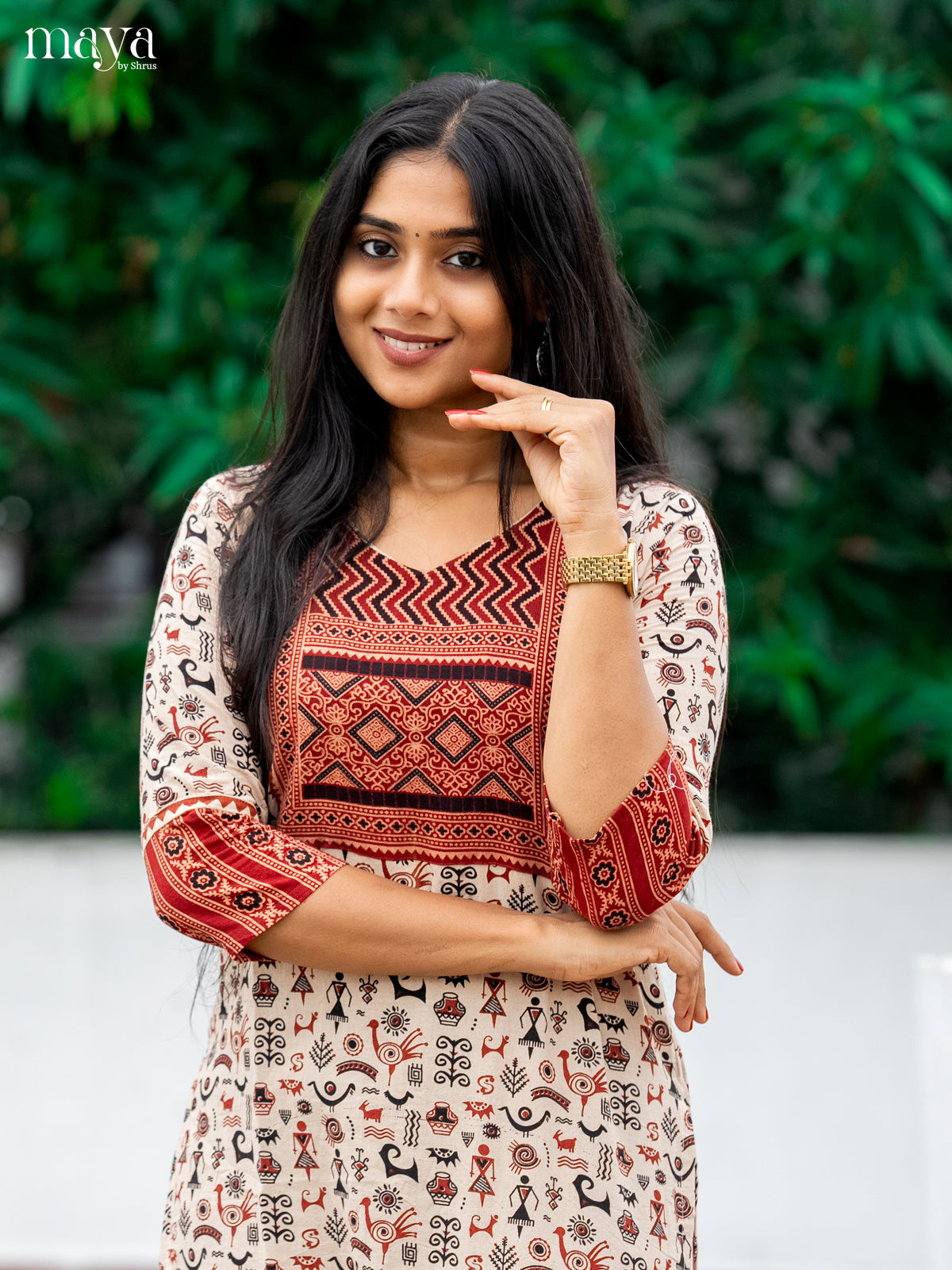 Cream & Red Ajrakh Printed Readymade Kurti